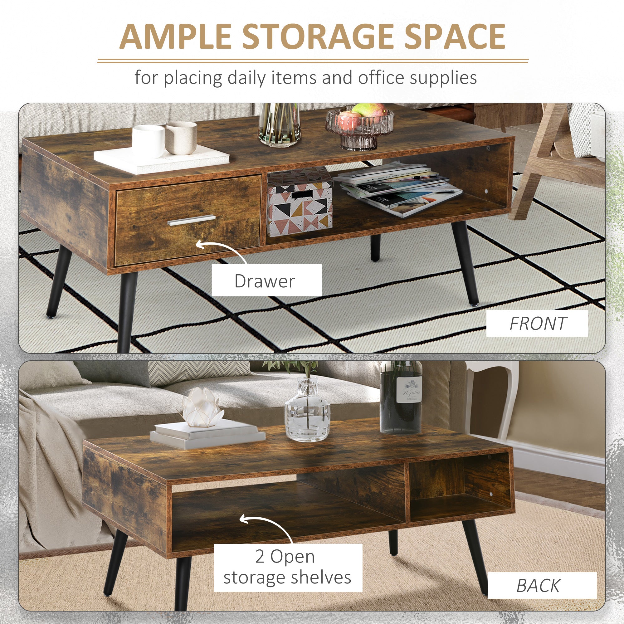 HOMCOM Coffee Table with Storage Shelf and Drawer, Industrial Wooden Center Table for Living Room, Rustic Brown