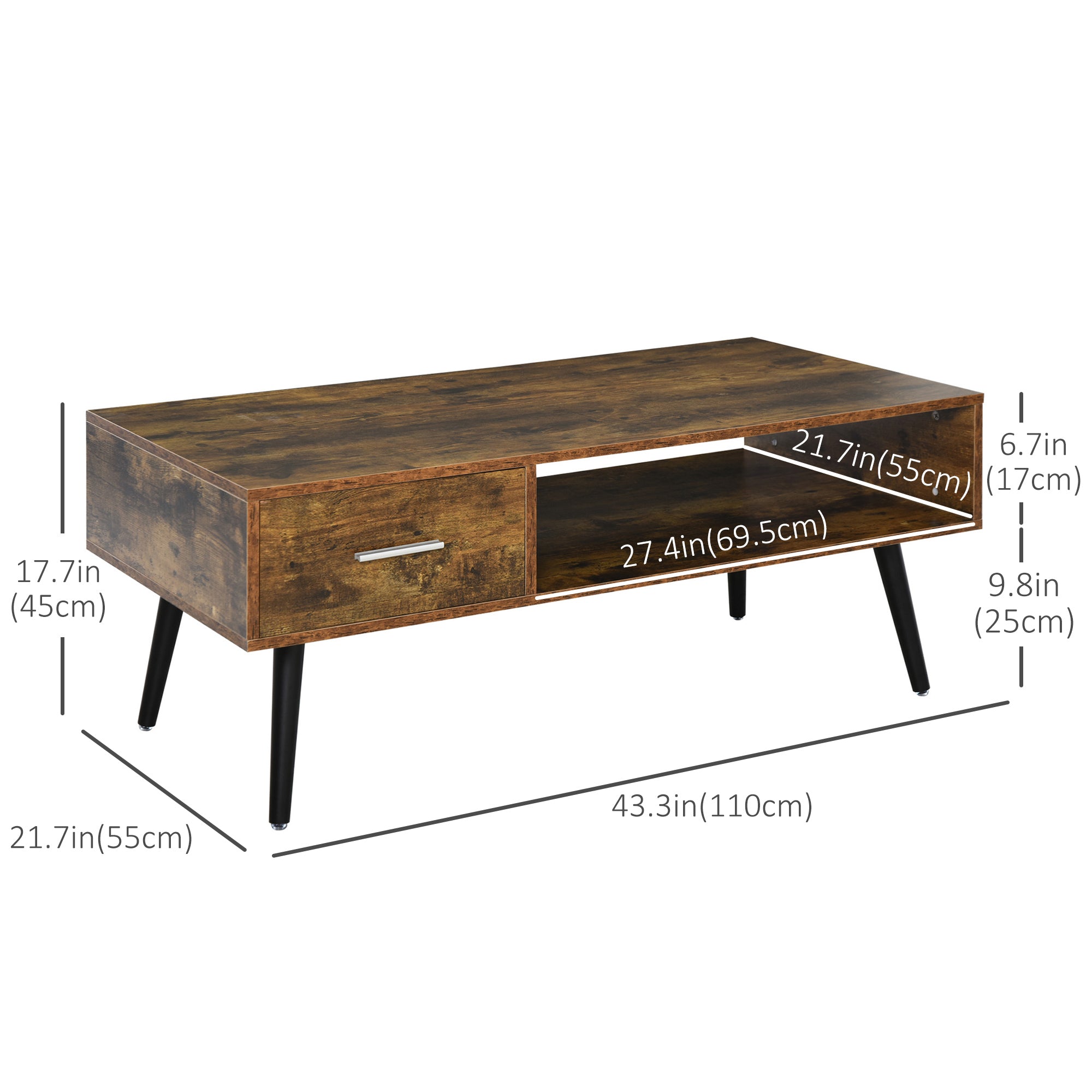 HOMCOM Coffee Table with Storage Shelf and Drawer, Industrial Wooden Center Table for Living Room, Rustic Brown
