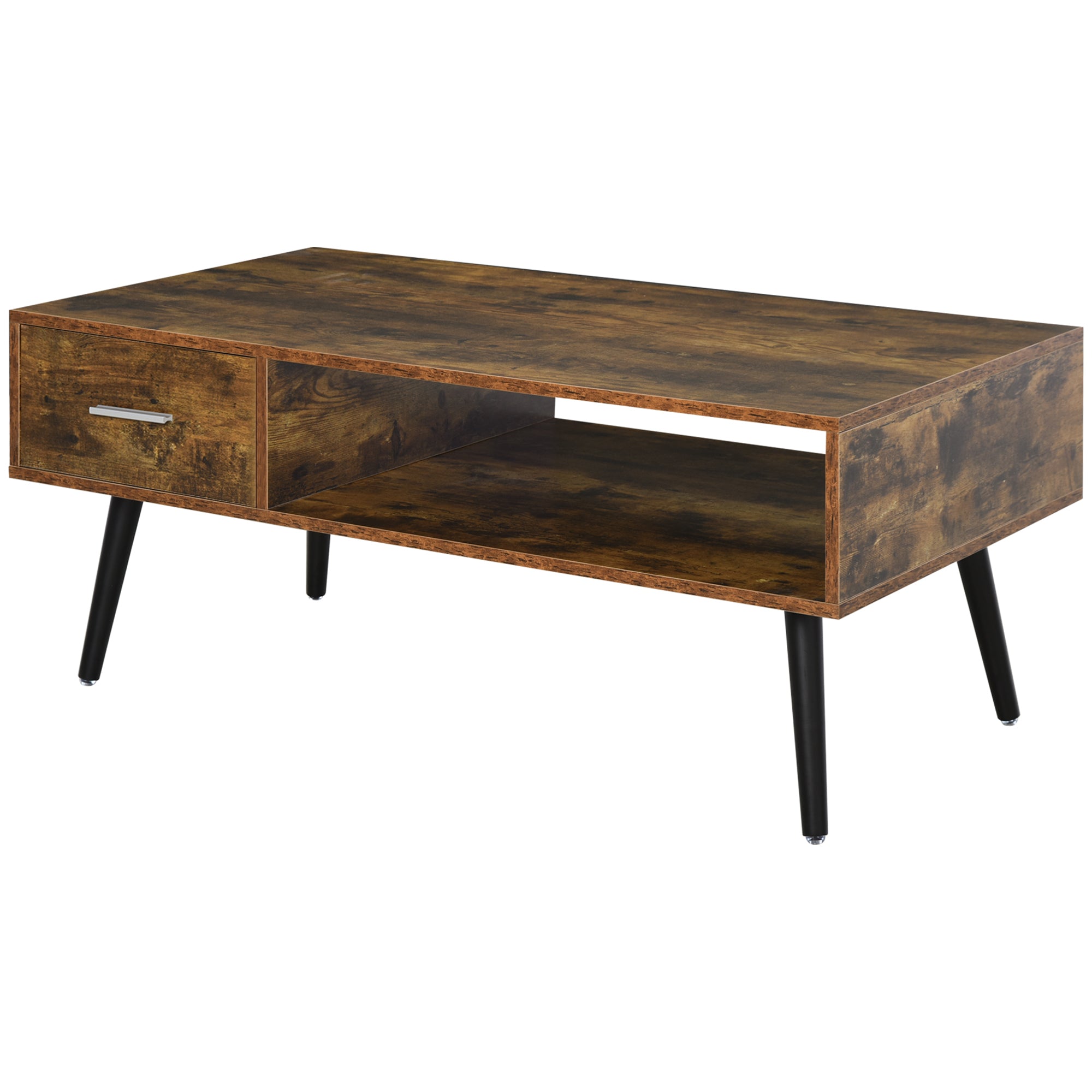 HOMCOM Coffee Table with Storage Shelf and Drawer, Industrial Wooden Center Table for Living Room, Rustic Brown