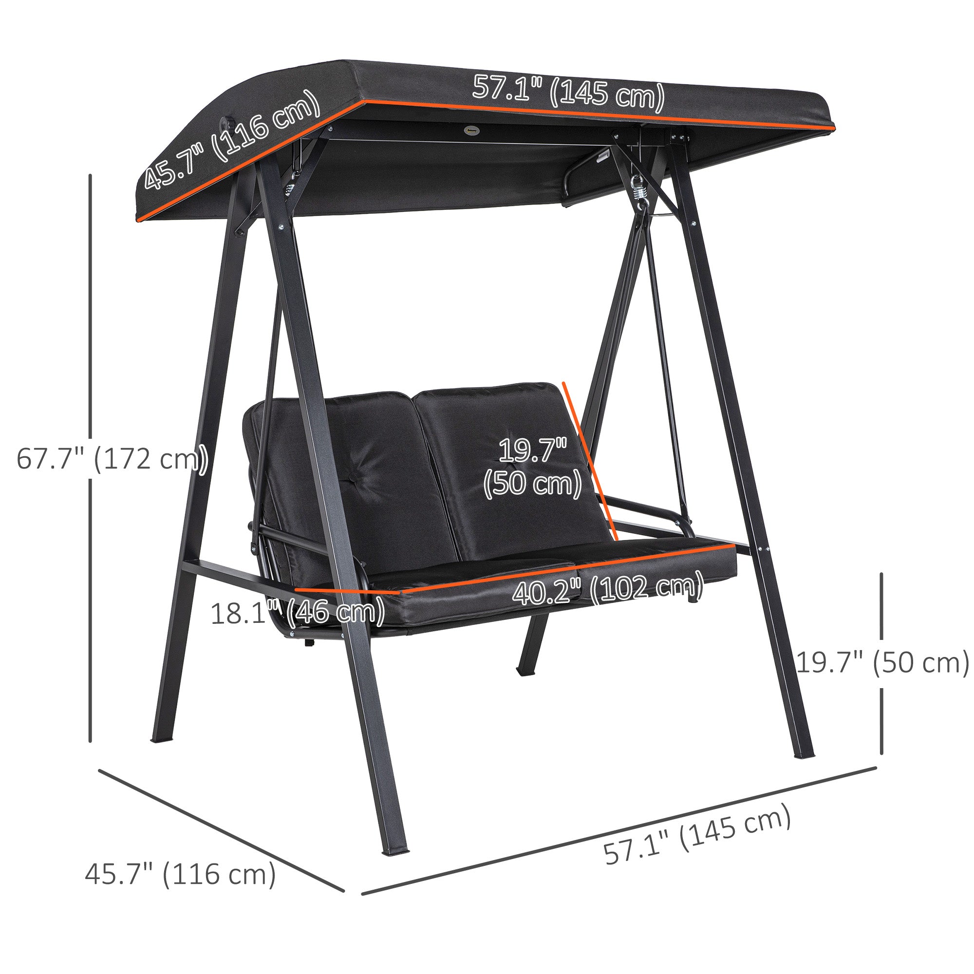 Outsunny 2 Seater Covered Outdoor Swing Chair Porch Swing Bench Lounger Hammock with Removable Cushion Tilt Canopy, Black