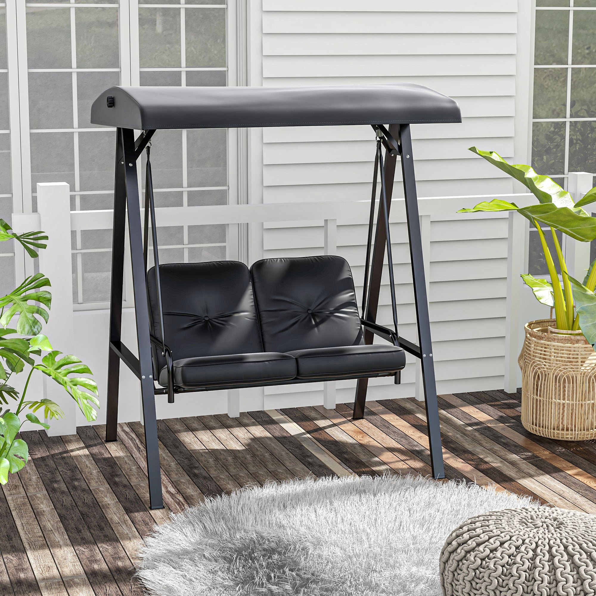 Outsunny 2 Seater Covered Outdoor Swing Chair Porch Swing Bench Lounger Hammock with Removable Cushion Tilt Canopy, Black