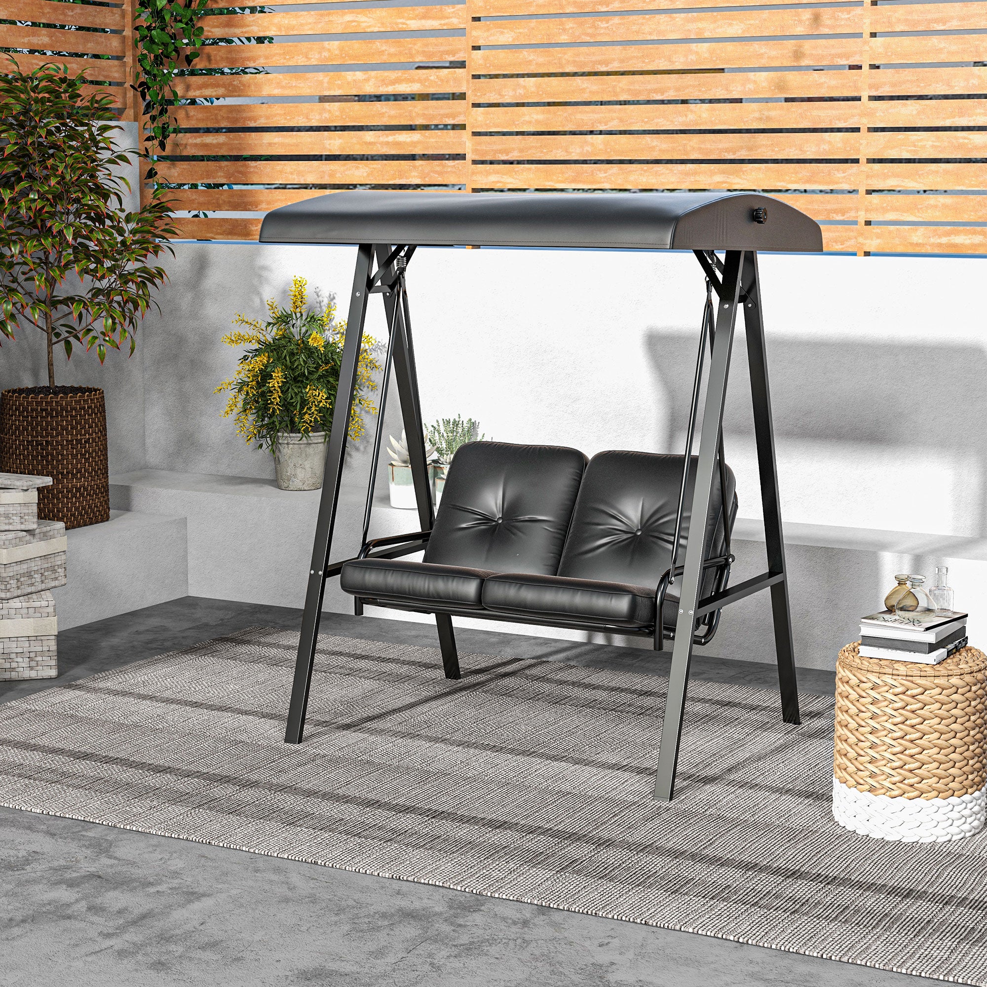 Outsunny 2 Seater Covered Outdoor Swing Chair Porch Swing Bench Lounger Hammock with Removable Cushion Tilt Canopy, Black