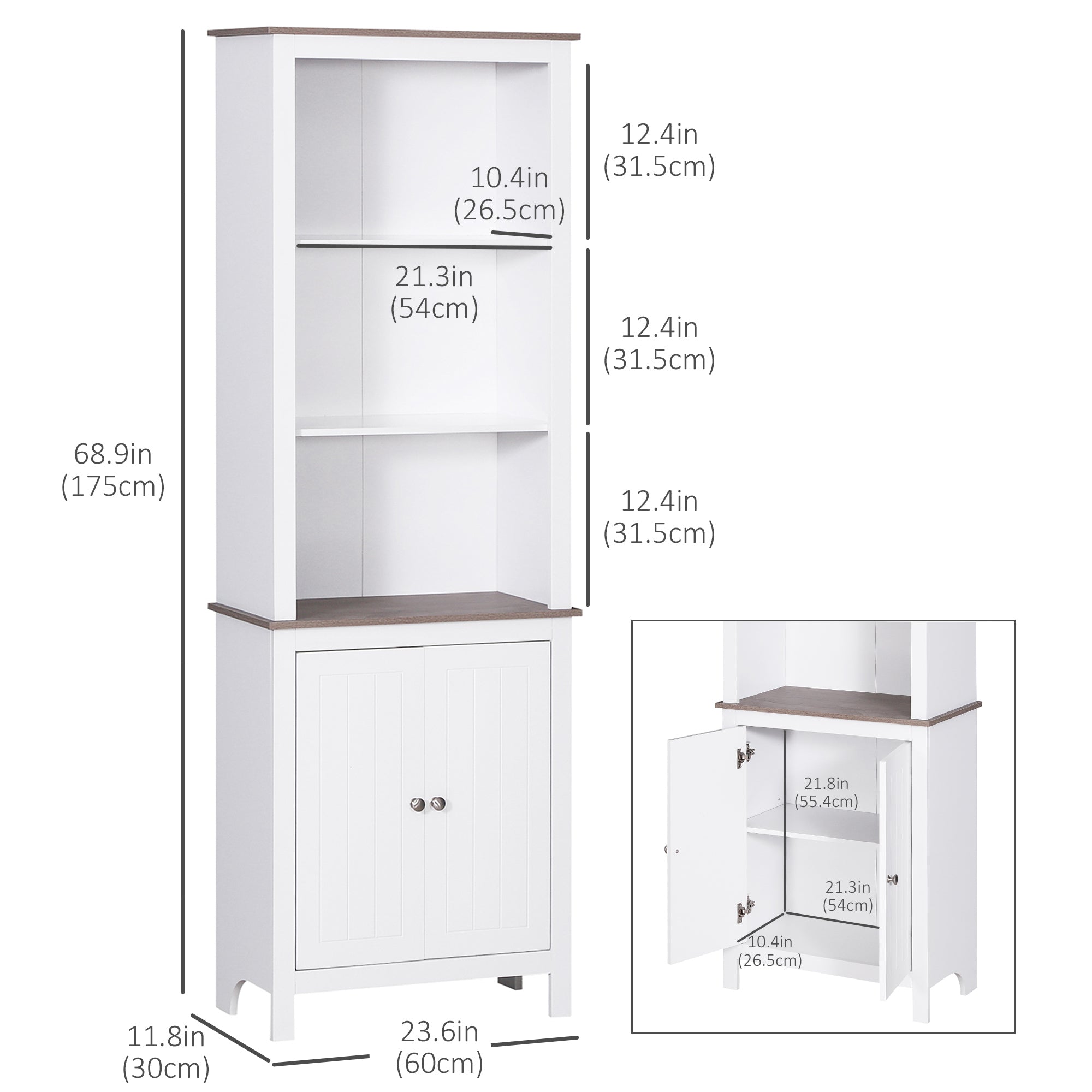 HOMCOM 69" Tall Bathroom Storage Cabinet, Bookcase with 3 Open Compartments and Double Door Cupboard, White