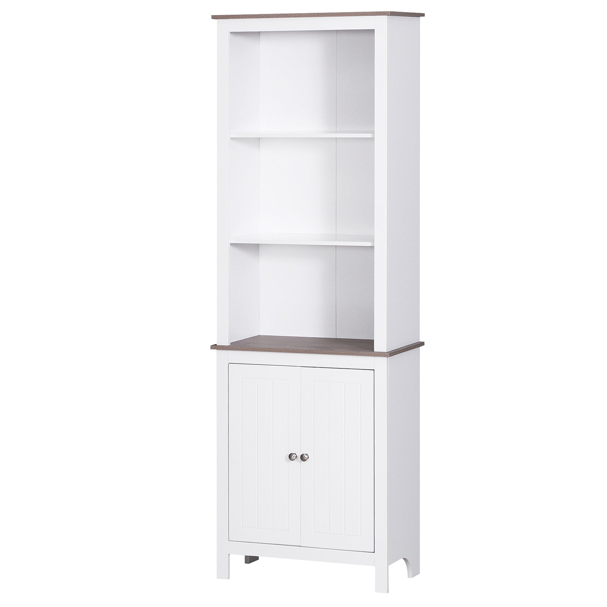 HOMCOM 69" Tall Bathroom Storage Cabinet, Bookcase with 3 Open Compartments and Double Door Cupboard, White