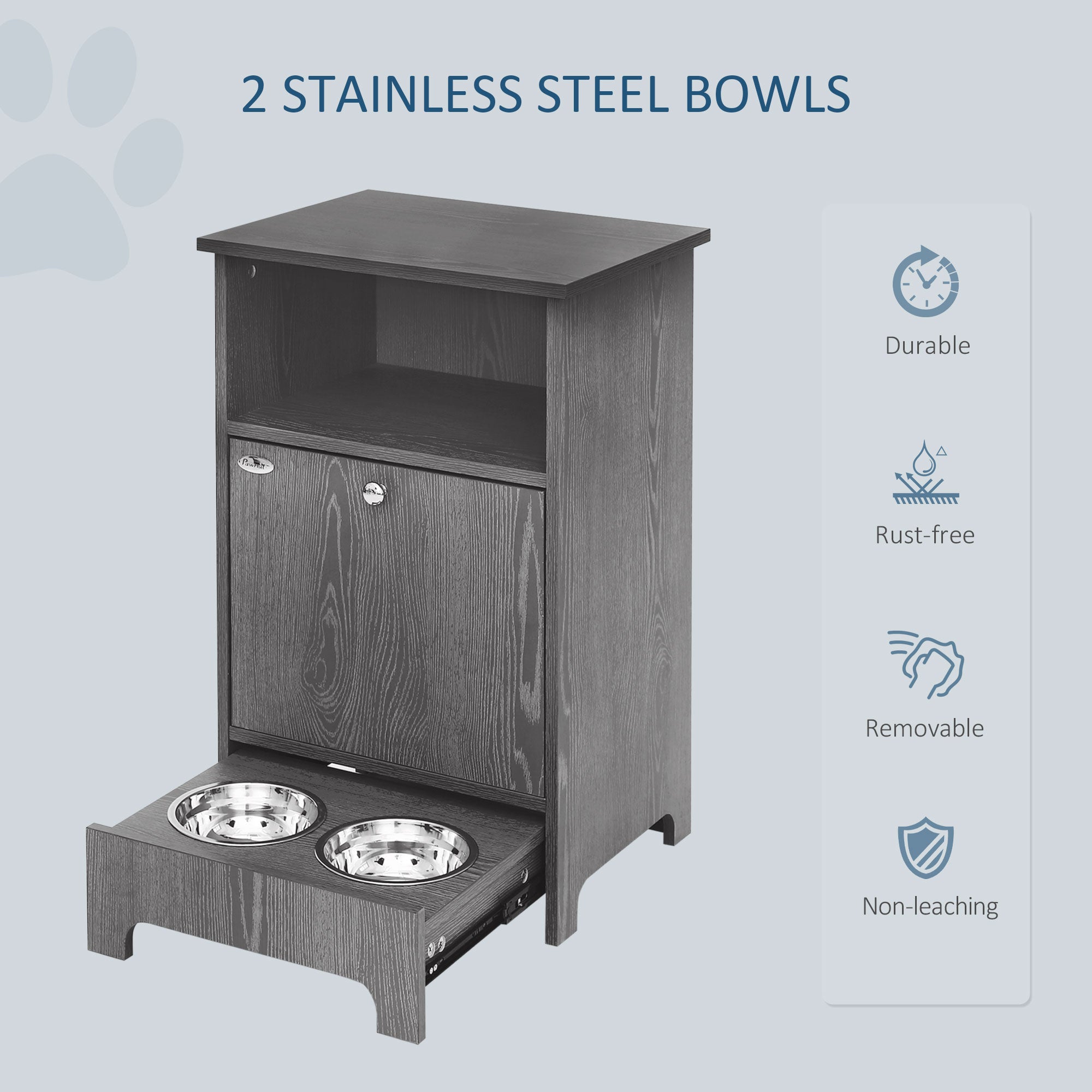 PawHut Pet Feeder Station Dog and Cat Food Storage Feeding Station Food Cabinet Pet Storage Organizer Grey