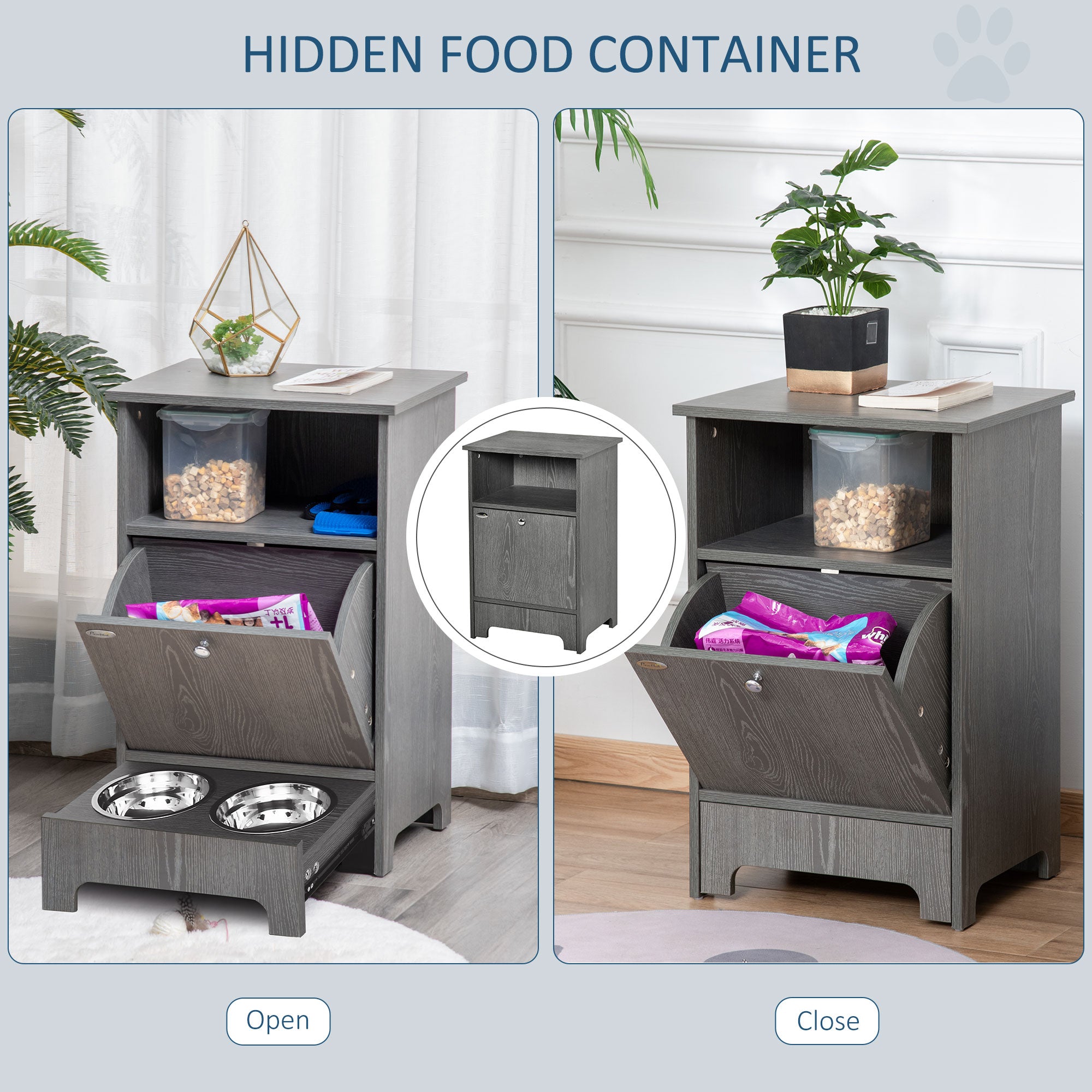 PawHut Pet Feeder Station Dog and Cat Food Storage Feeding Station Food Cabinet Pet Storage Organizer Grey