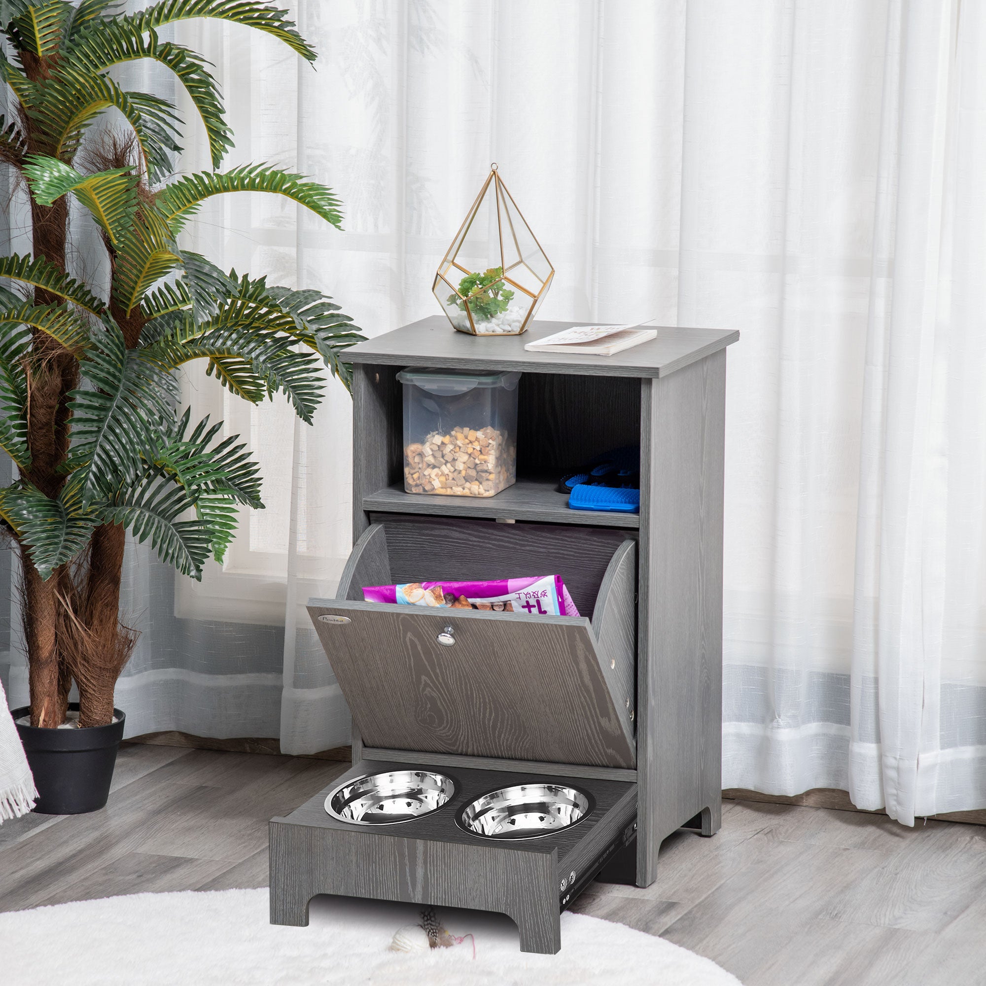 PawHut Pet Feeder Station Dog and Cat Food Storage Feeding Station Food Cabinet Pet Storage Organizer Grey