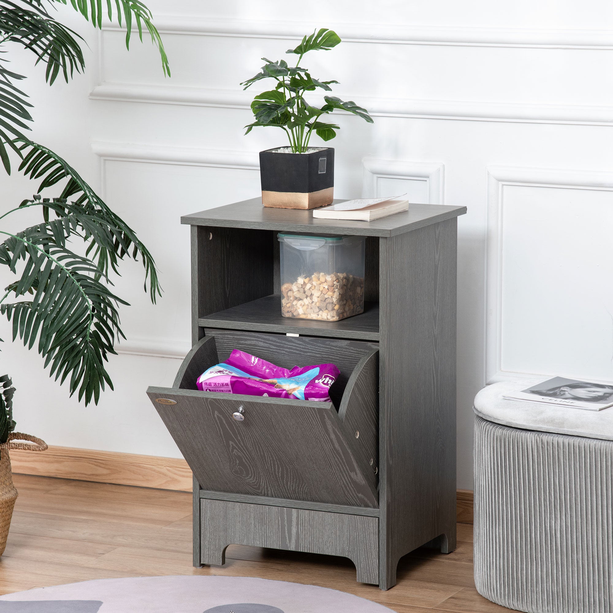 PawHut Pet Feeder Station Dog and Cat Food Storage Feeding Station Food Cabinet Pet Storage Organizer Grey