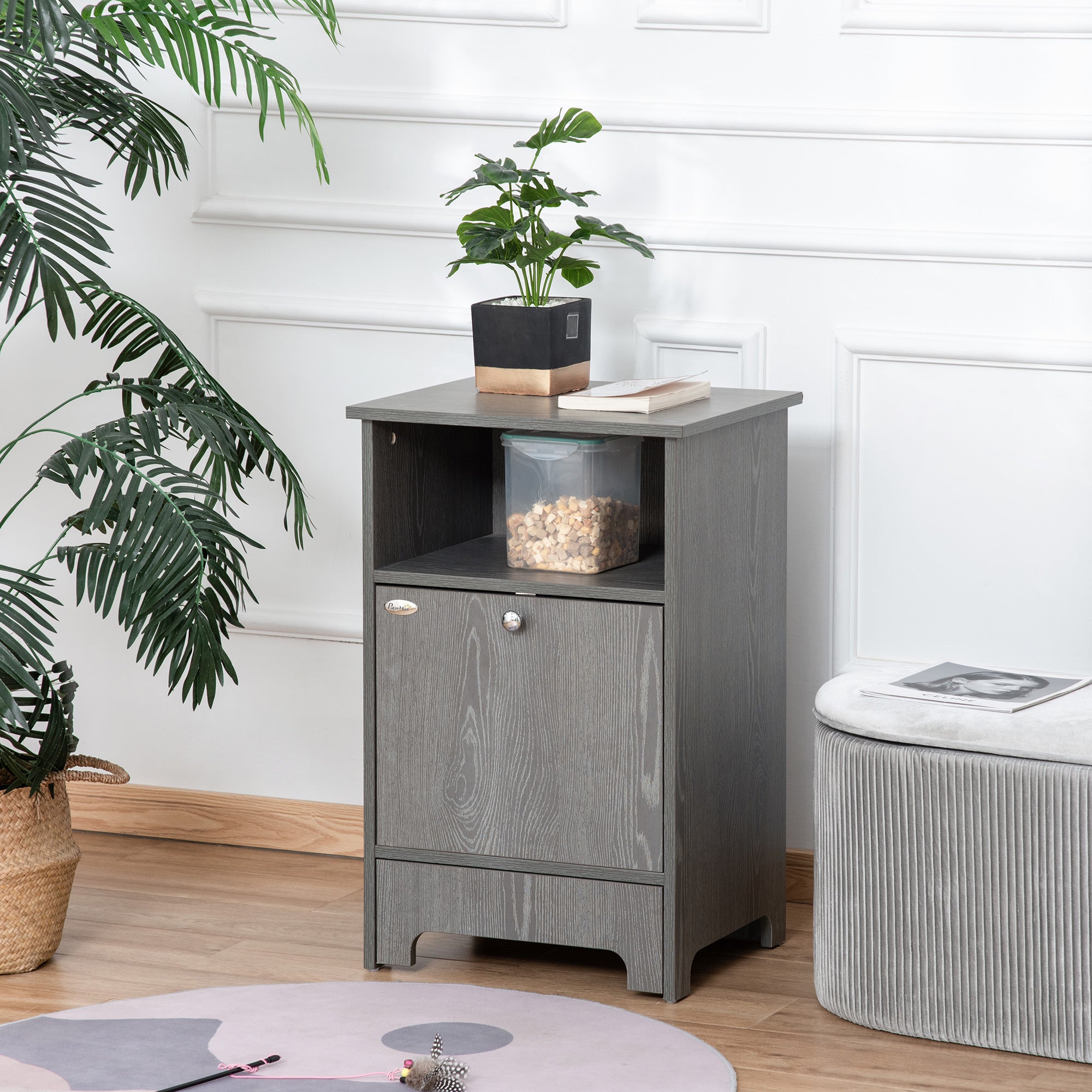 PawHut Pet Feeder Station Dog and Cat Food Storage Feeding Station Food Cabinet Pet Storage Organizer Grey