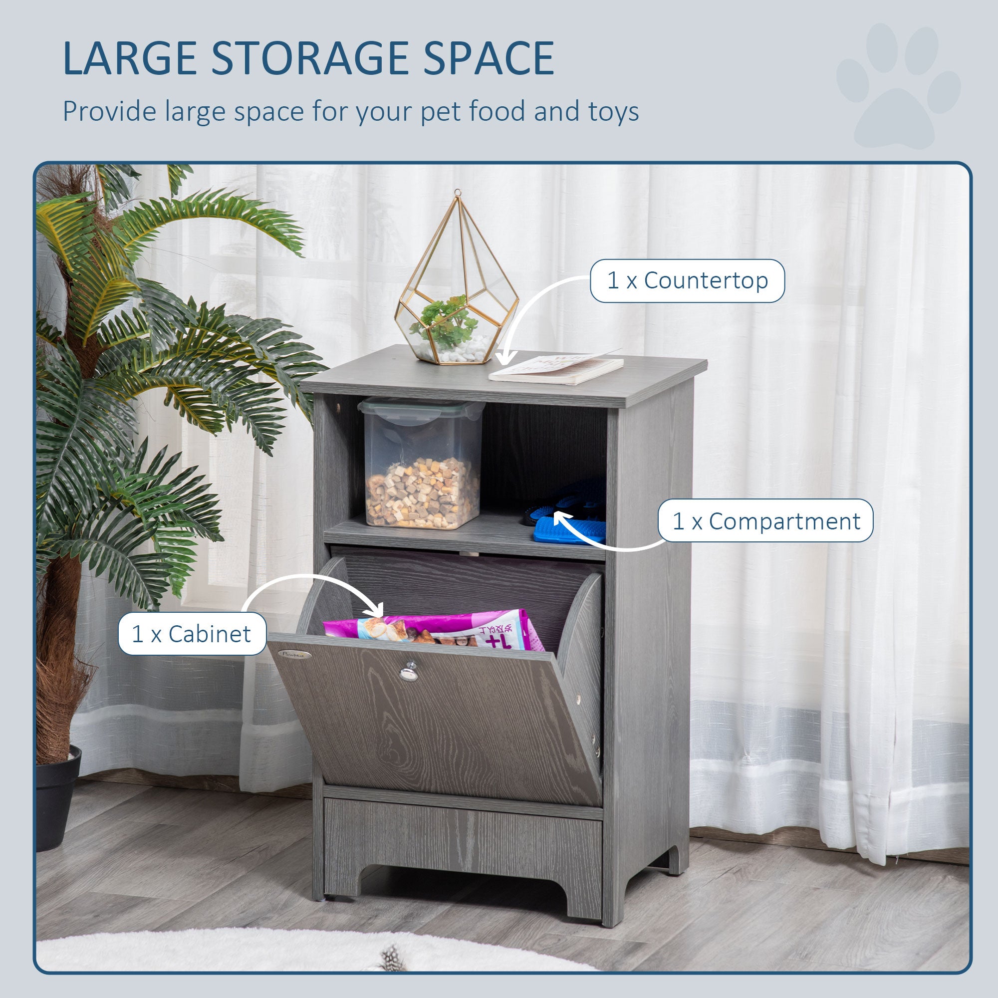 PawHut Pet Feeder Station Dog and Cat Food Storage Feeding Station Food Cabinet Pet Storage Organizer Grey