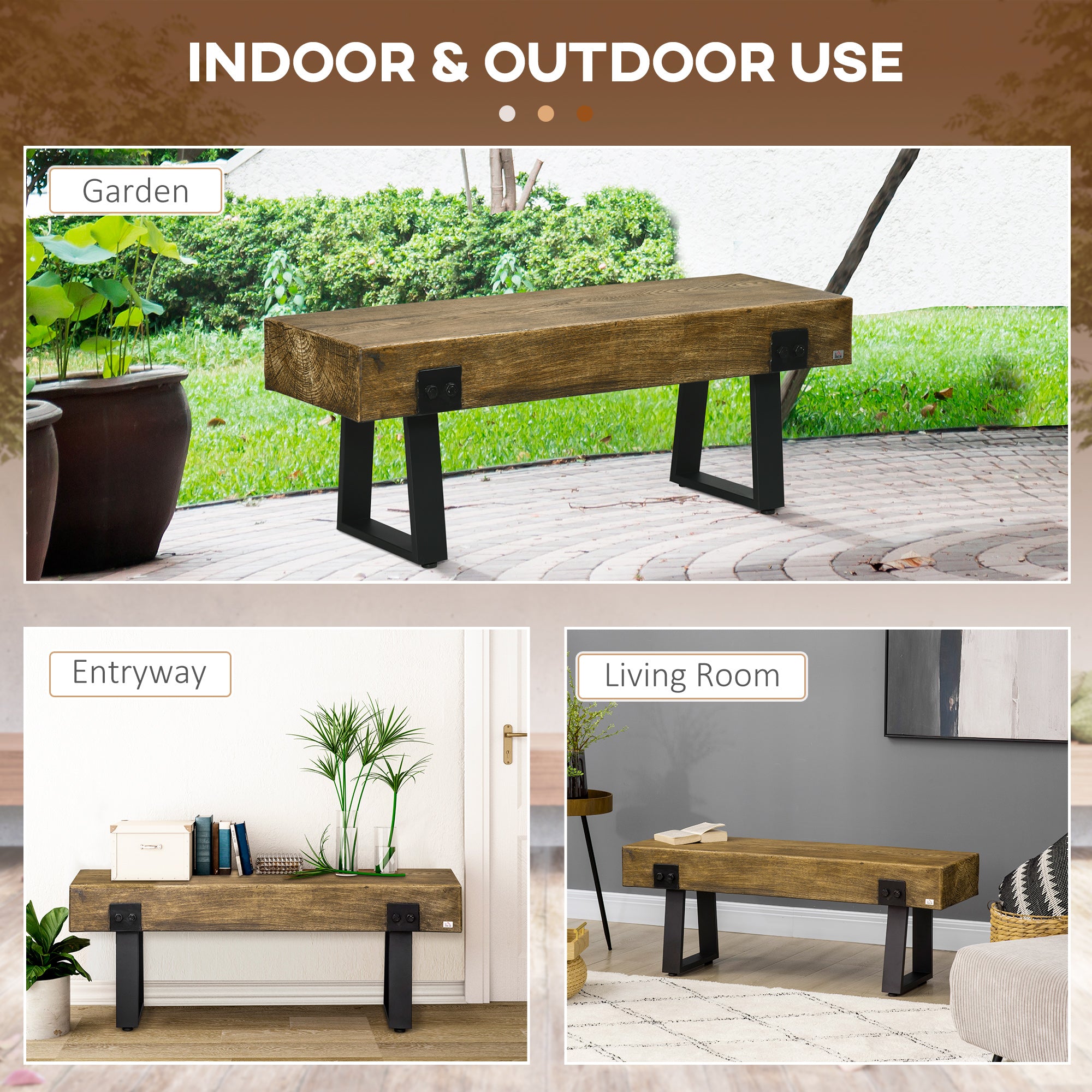 HOMCOM Garden Bench with Metal Legs, Rustic Wood Effect Concrete Dining Bench, Indoor or Outdoor Use for Patio, Park, Porch and Lawn, Natural and Black