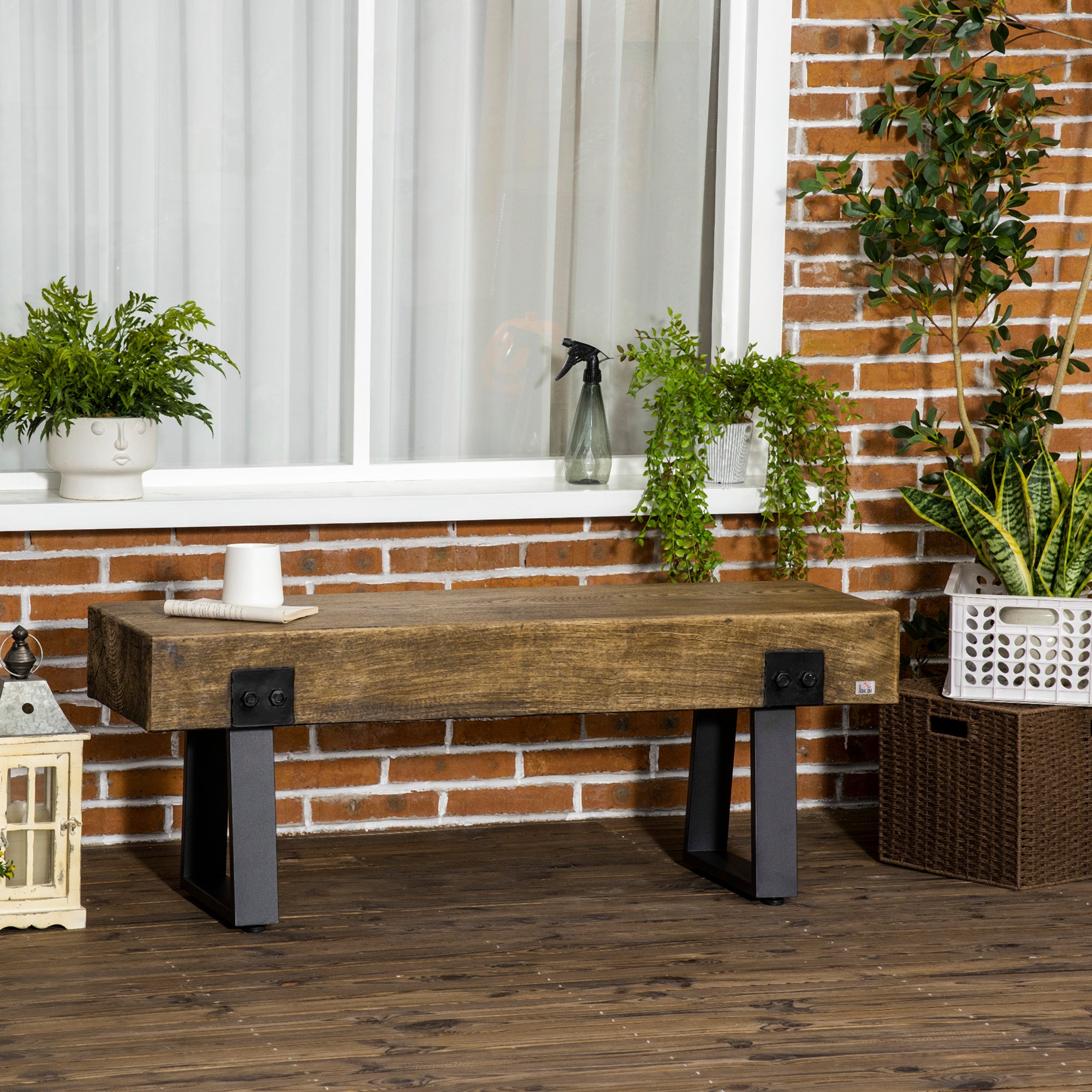 HOMCOM Garden Bench with Metal Legs, Rustic Wood Effect Concrete Dining Bench, Indoor or Outdoor Use for Patio, Park, Porch and Lawn, Natural and Black