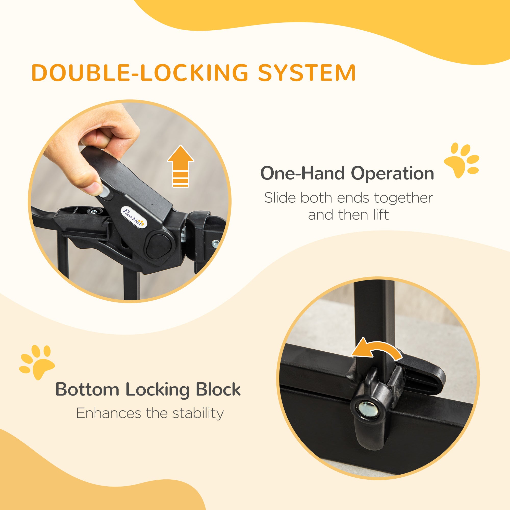 PawHut Dog Gate with Cat Flap Pet Safety Gate, Auto Close Double Locking Pine Wood Decoration, for Doorways Stairs Indoor, 74-105 cm Wide, Black
