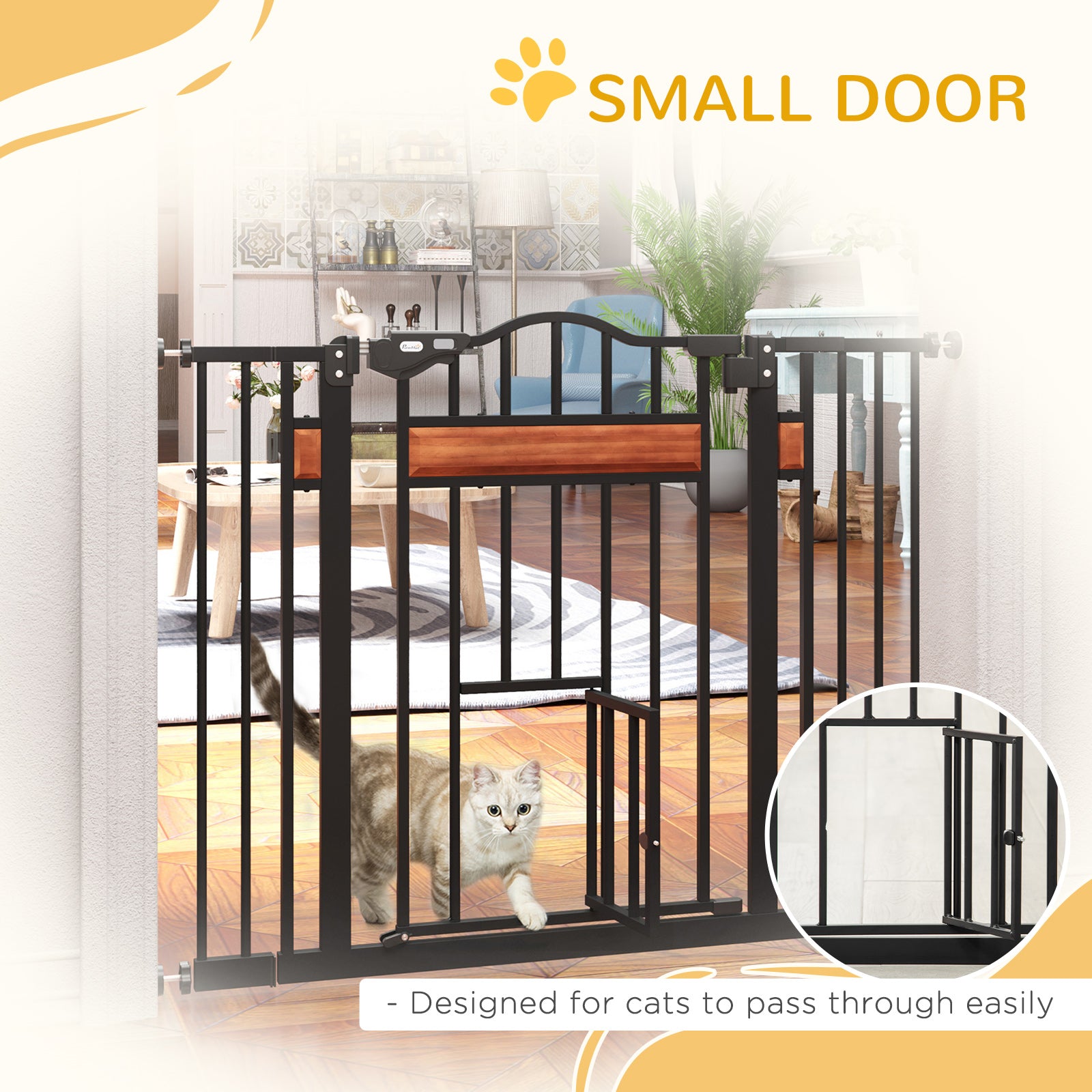 PawHut Dog Gate with Cat Flap Pet Safety Gate, Auto Close Double Locking Pine Wood Decoration, for Doorways Stairs Indoor, 74-105 cm Wide, Black