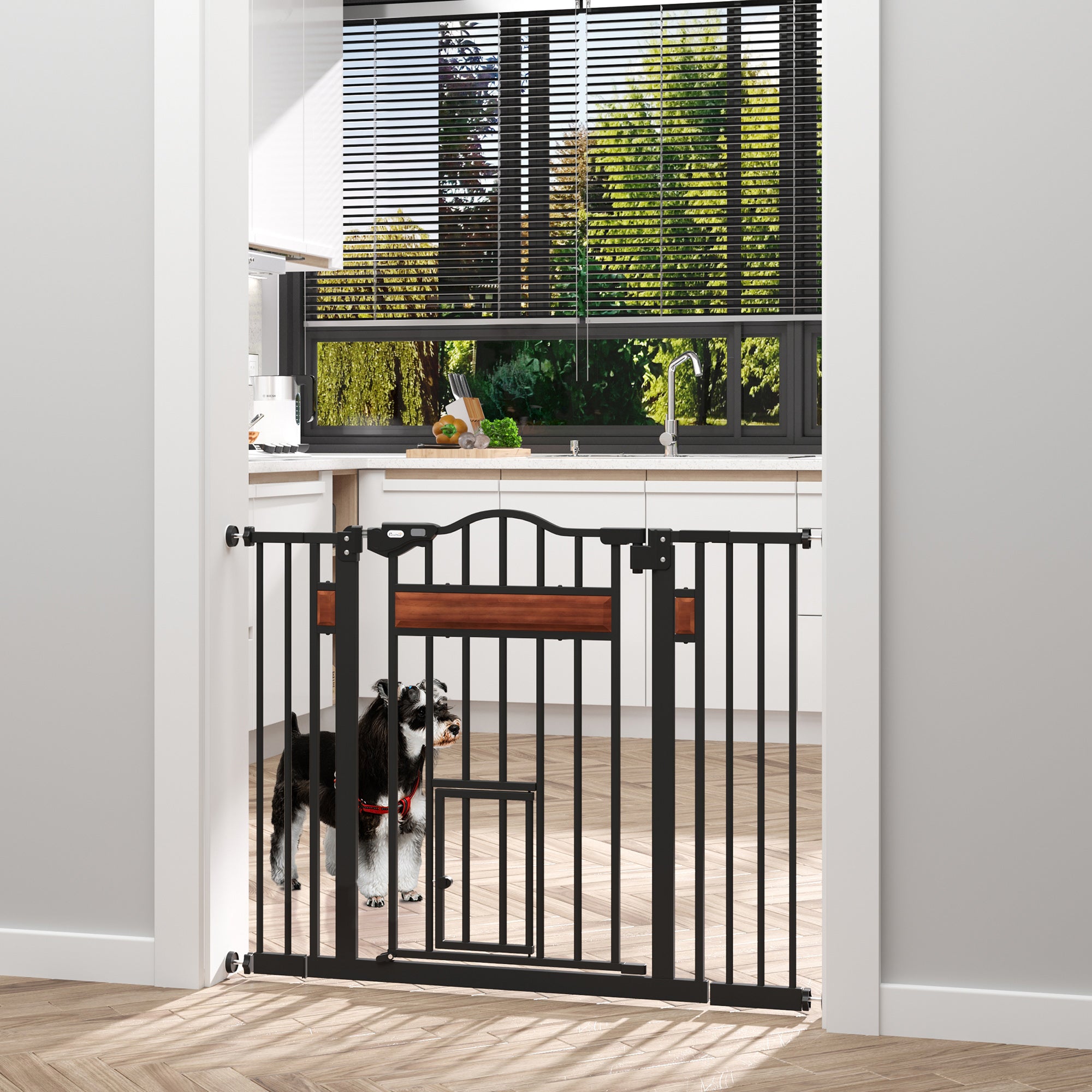 PawHut 29.1''-41.3'' Extra Wide Dog Gate with Cat Door with Stair Pressure Fit, Auto Close, Double Locking, for Doorways, Hallways, Stairs, Black