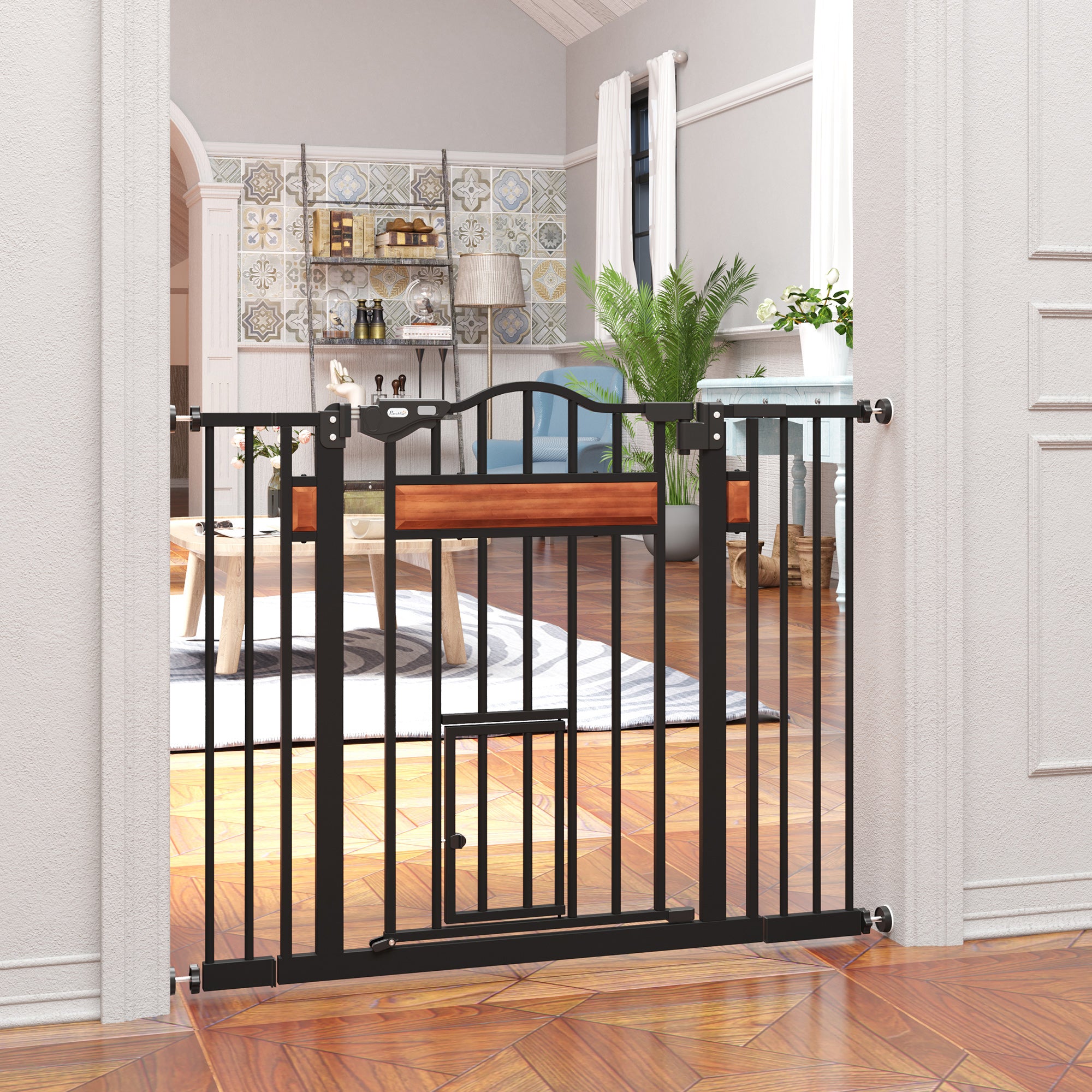 PawHut Dog Gate with Cat Flap Pet Safety Gate, Auto Close Double Locking Pine Wood Decoration, for Doorways Stairs Indoor, 74-105 cm Wide, Black