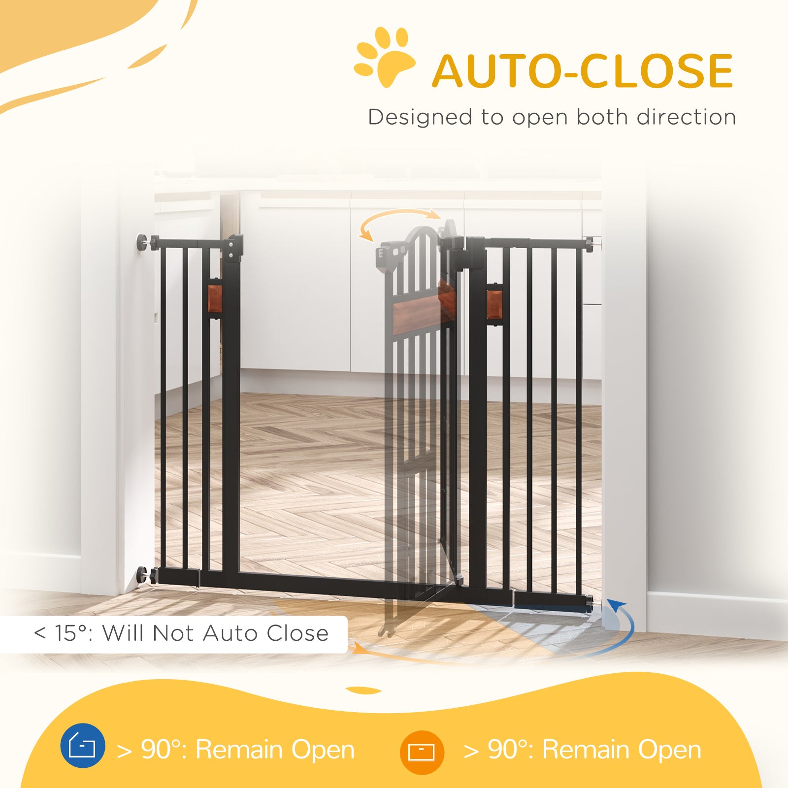PawHut Dog Gate with Cat Flap Pet Safety Gate, Auto Close Double Locking Pine Wood Decoration, for Doorways Stairs Indoor, 74-105 cm Wide, Black