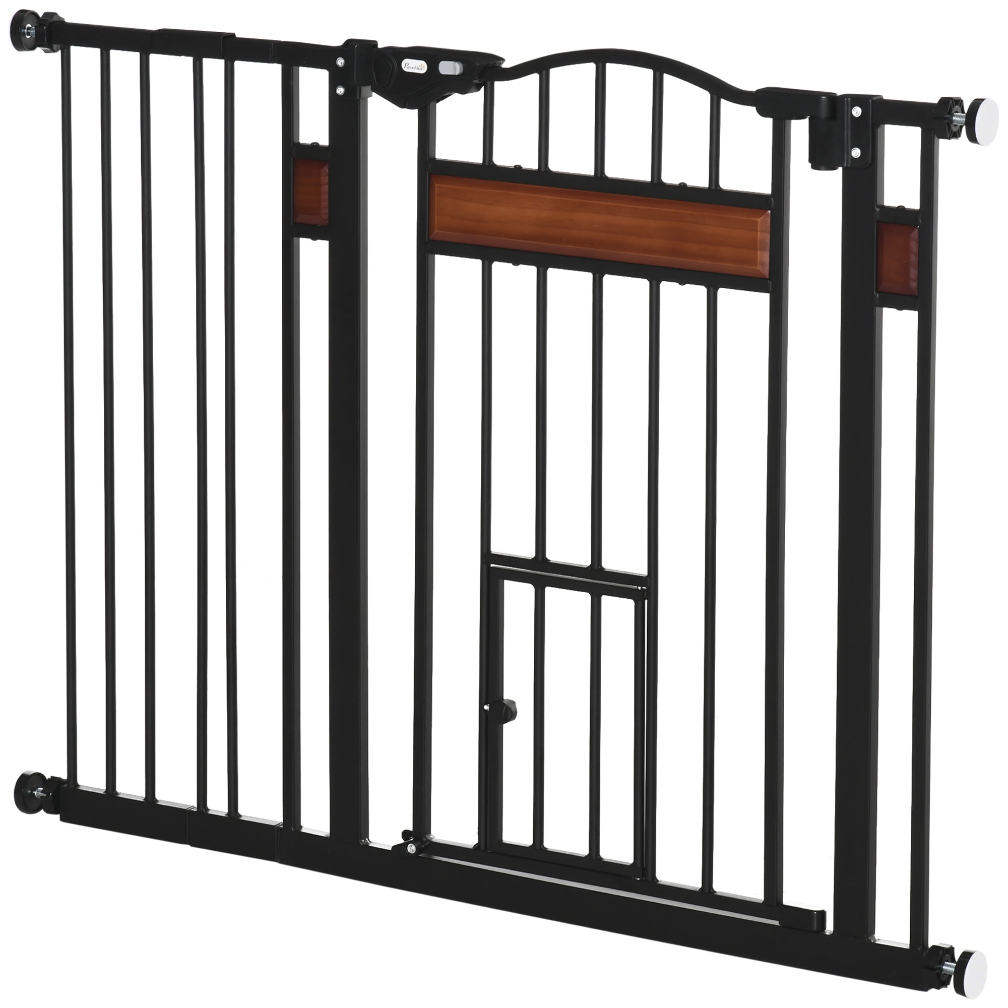 PawHut Dog Gate with Cat Flap Pet Safety Gate, Auto Close Double Locking Pine Wood Decoration, for Doorways Stairs Indoor, 74-105 cm Wide, Black