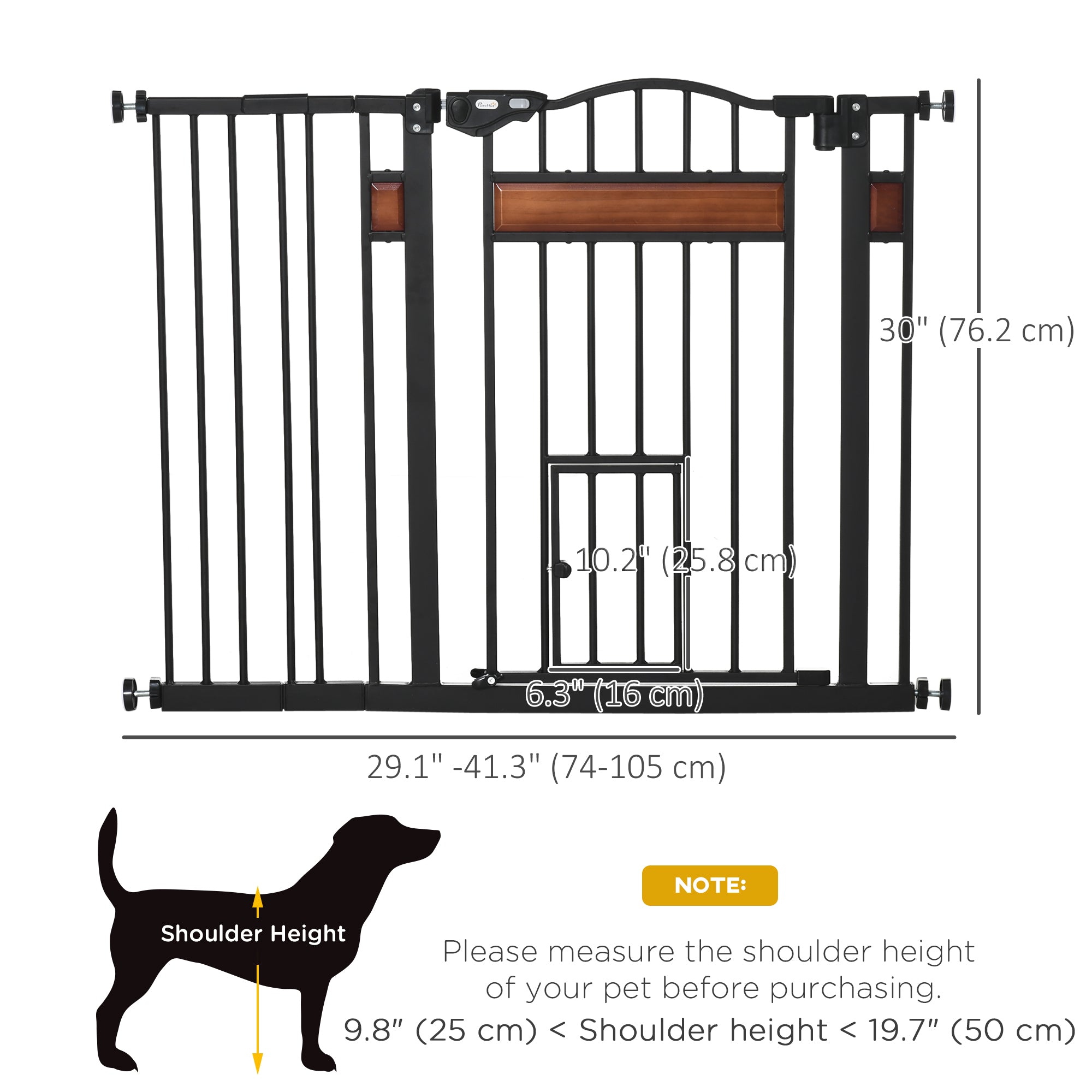 PawHut 29.1''-41.3'' Extra Wide Dog Gate with Cat Door with Stair Pressure Fit, Auto Close, Double Locking, for Doorways, Hallways, Stairs, Black