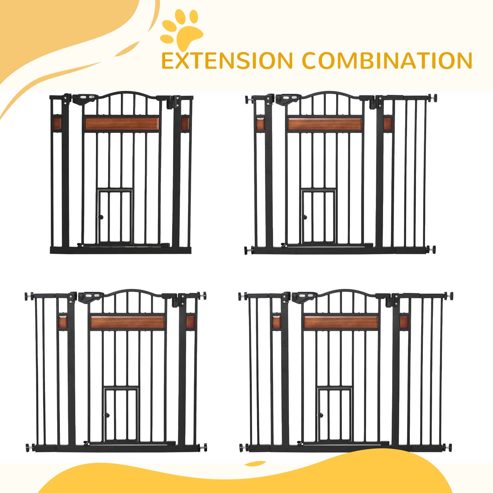 PawHut Dog Gate with Cat Flap Pet Safety Gate, Auto Close Double Locking Pine Wood Decoration, for Doorways Stairs Indoor, 74-105 cm Wide, Black