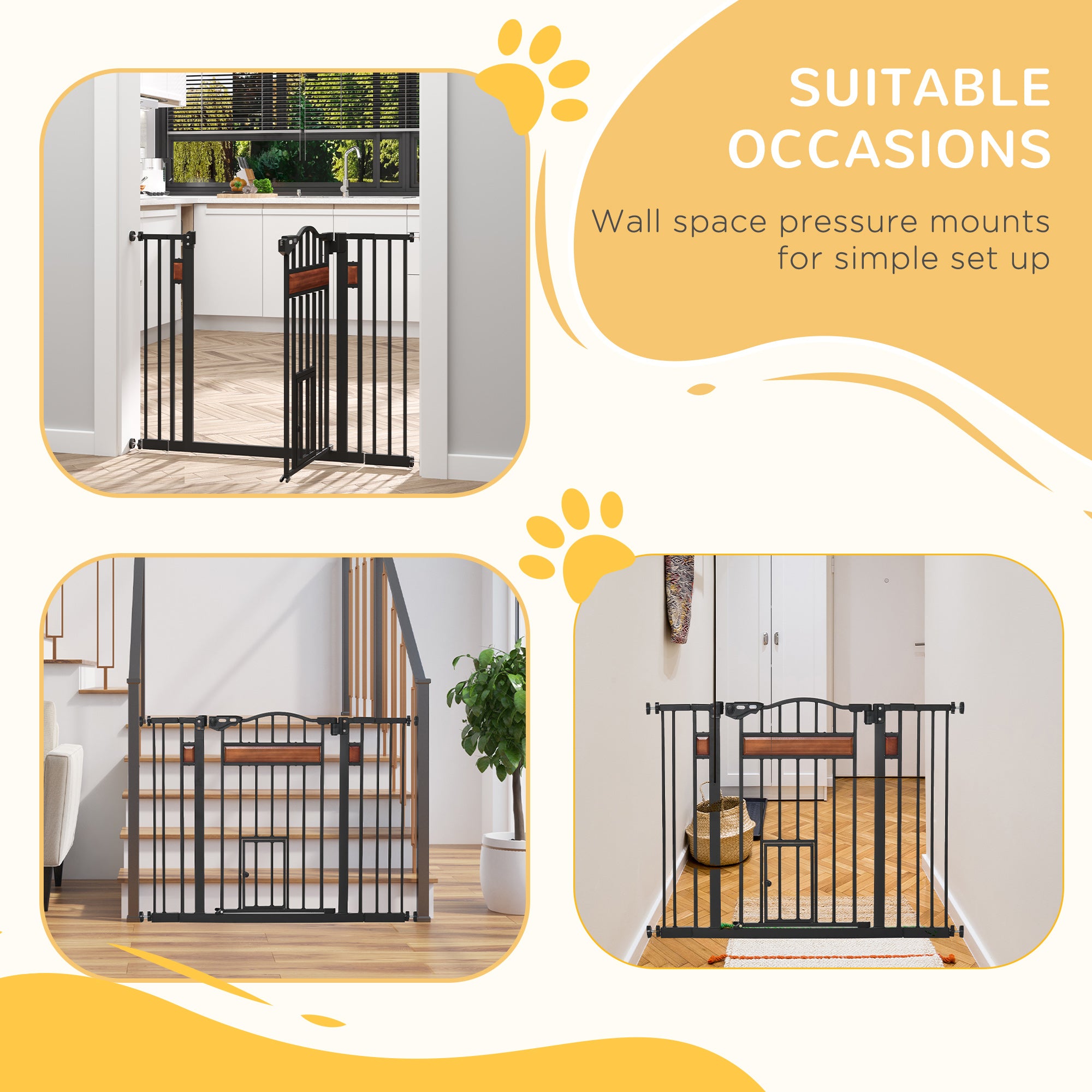PawHut Dog Gate with Cat Flap Pet Safety Gate, Auto Close Double Locking Pine Wood Decoration, for Doorways Stairs Indoor, 74-105 cm Wide, Black