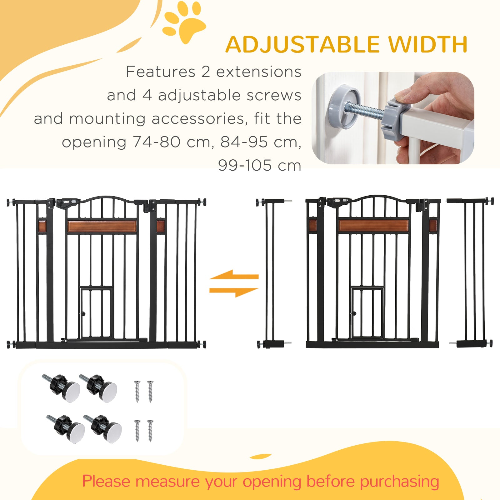 PawHut Dog Gate with Cat Flap Pet Safety Gate, Auto Close Double Locking Pine Wood Decoration, for Doorways Stairs Indoor, 74-105 cm Wide, Black