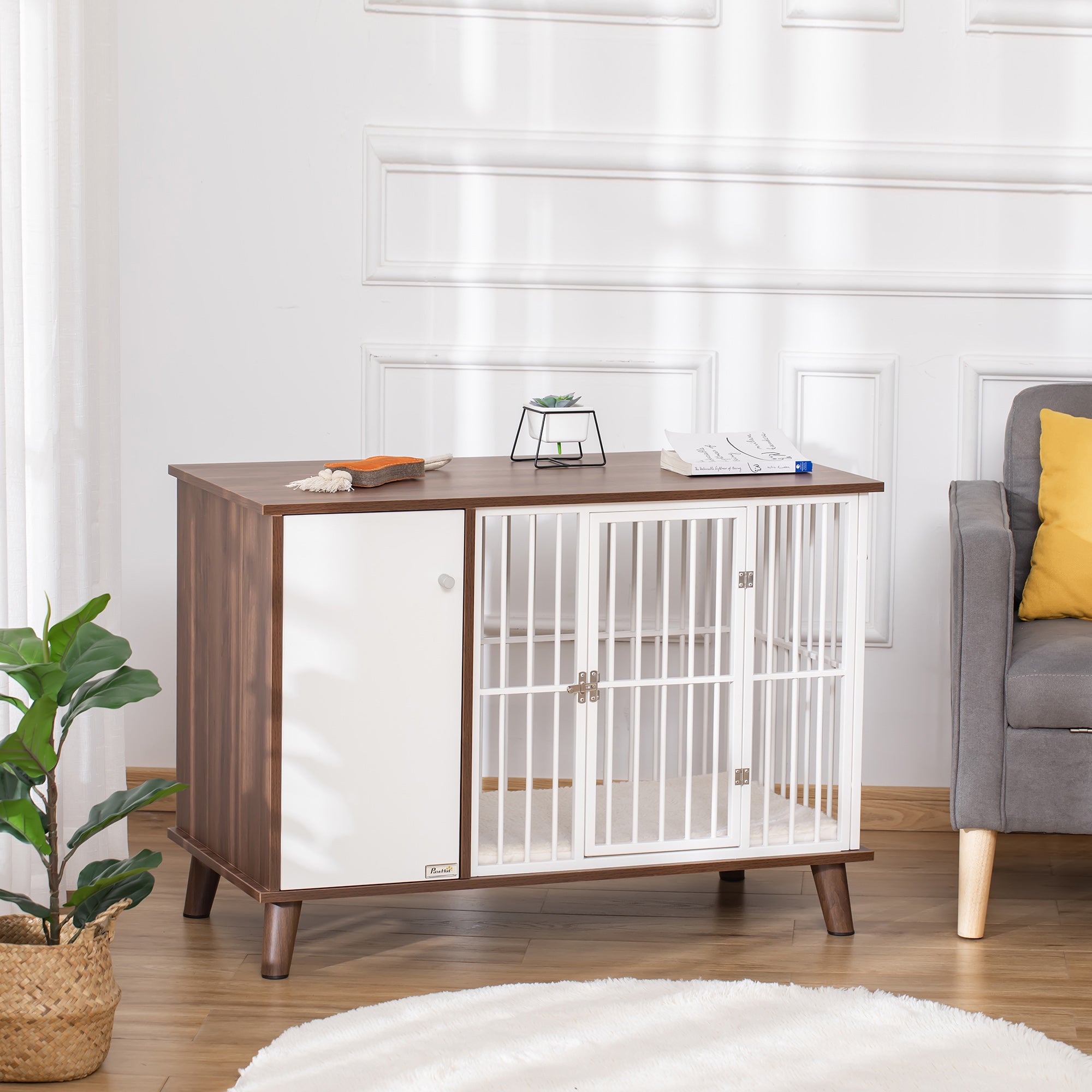 PawHut Furniture Style Dog Crate, Pet Cage Kennel End Table, Indoor Decorative Dog House, with Wooden Top, Door, for Small Dogs, Brown