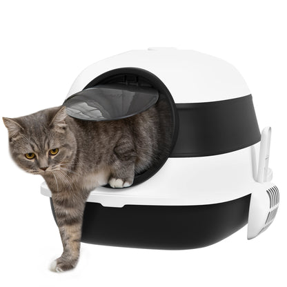PawHut Foldable Cat Litter Box with Lid, Hooded Cat Litter Tray with High Sides, Air Freshener, Large Two-Way Entrance, Scoop, Black