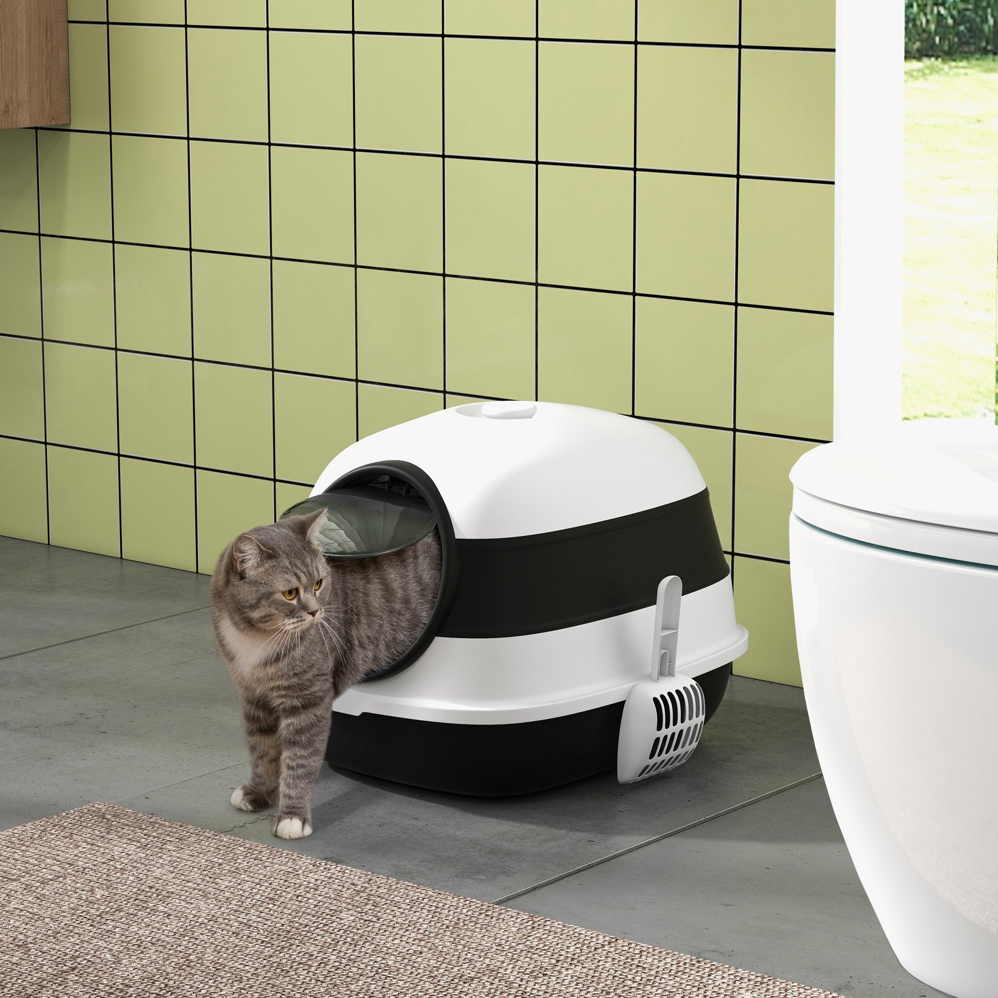 PawHut Foldable Large Cat Litter Box with Lid, Covered Kitten Litter Box w/ Automatic Cat Litter-Proof Sides, Deodorization, Easy to Clean, White and Black