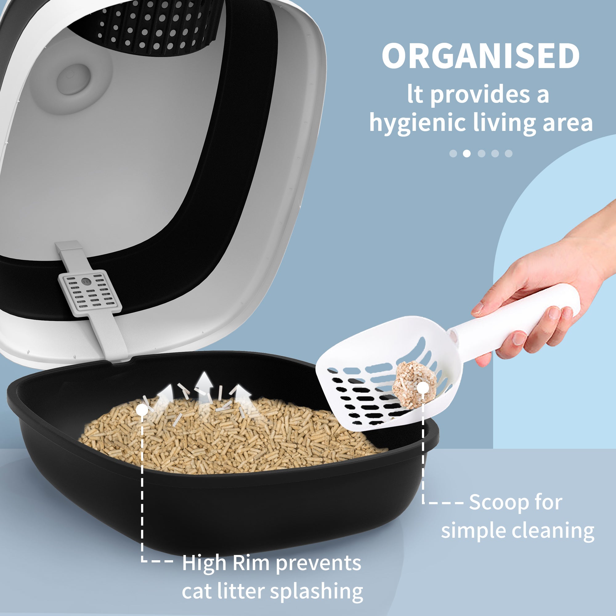 PawHut Foldable Cat Litter Box with Lid, Hooded Cat Litter Tray with High Sides, Air Freshener, Large Two-Way Entrance, Scoop, Black