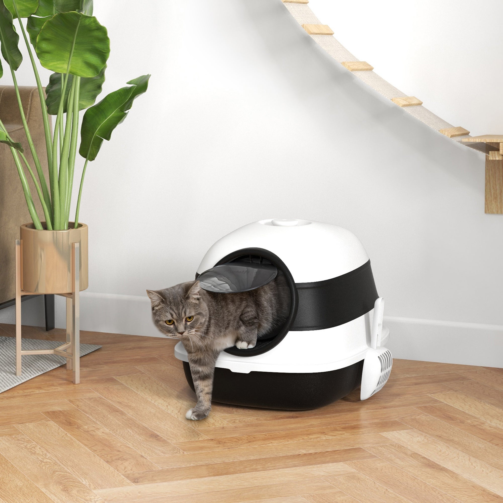 PawHut Foldable Large Cat Litter Box with Lid, Covered Kitten Litter Box w/ Automatic Cat Litter-Proof Sides, Deodorization, Easy to Clean, White and Black