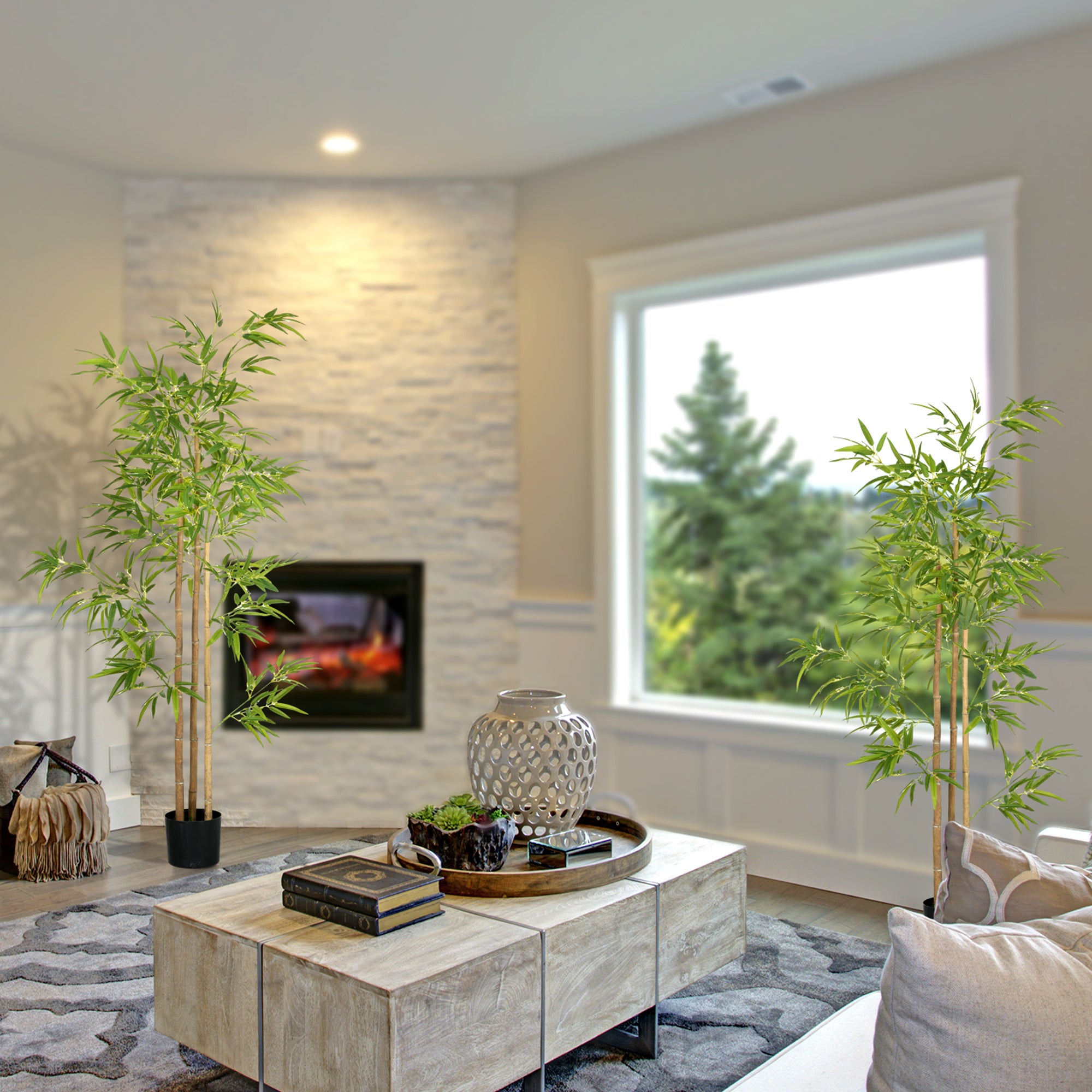 HOMCOM 6ft Set of 2 Artificial Bamboo with Pot, Indoor Fake Plants for Home Office Living Room Decor