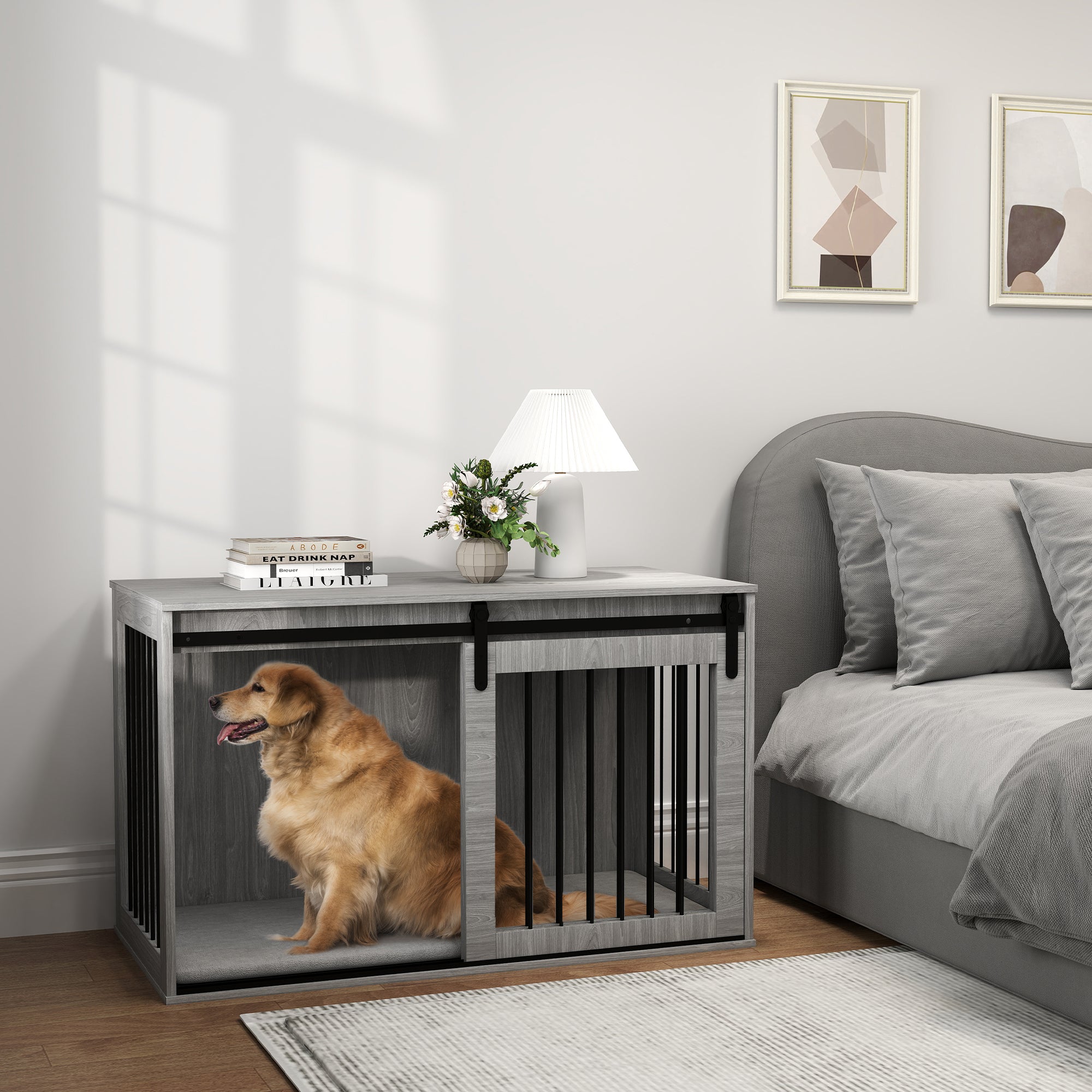 PawHut Dog Crate Furniture, Dog House Furniture Style for Extra Large Dogs, Dog Kennel with Removable Cushion for Indoor Use, 118 x 60 x 73 cm, Grey