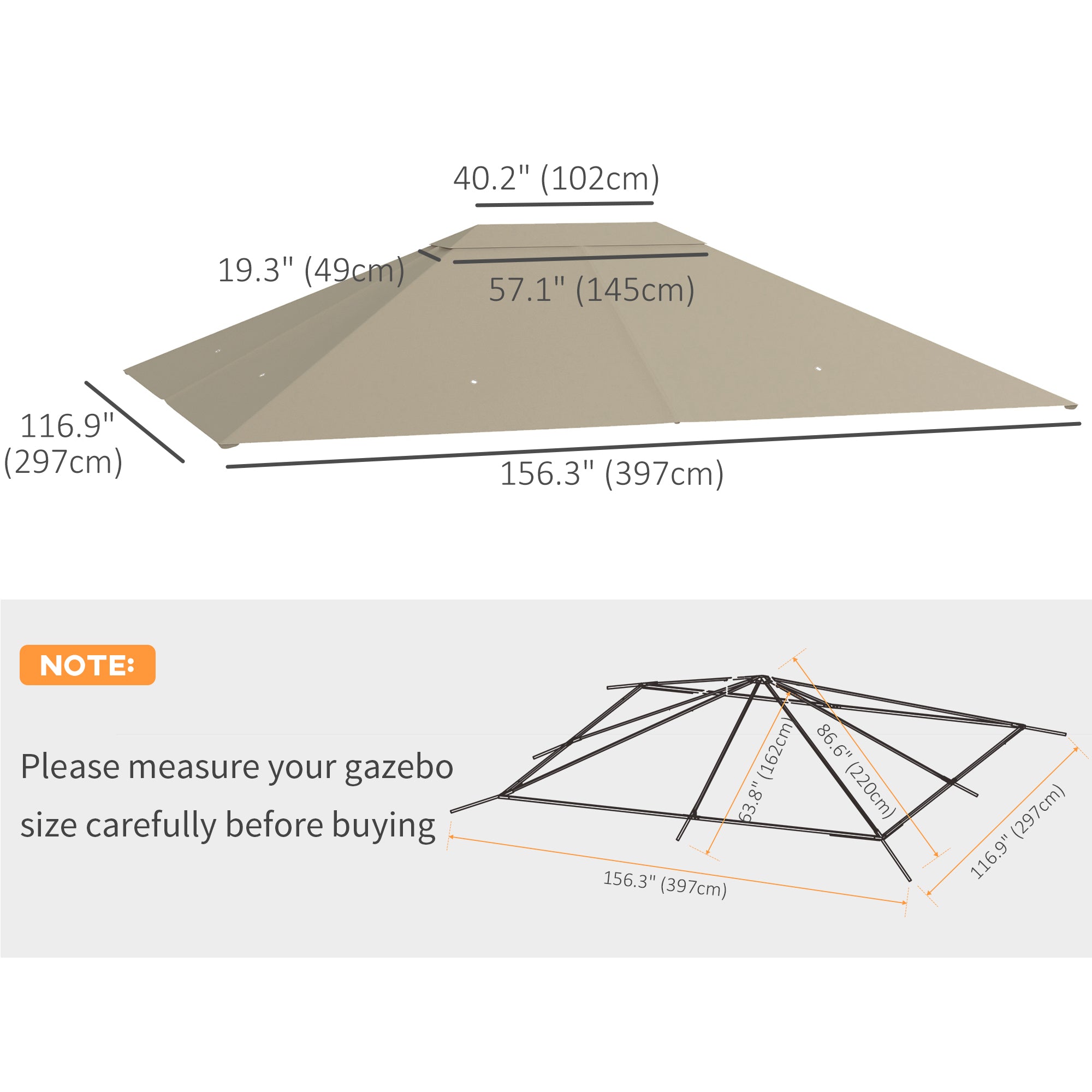 Outsunny 10' x 13' Gazebo Canopy Replacement, Outdoor Gazebo Cover Top Roof Replacement with Vents and Drain Holes, (TOP COVER ONLY), Khaki