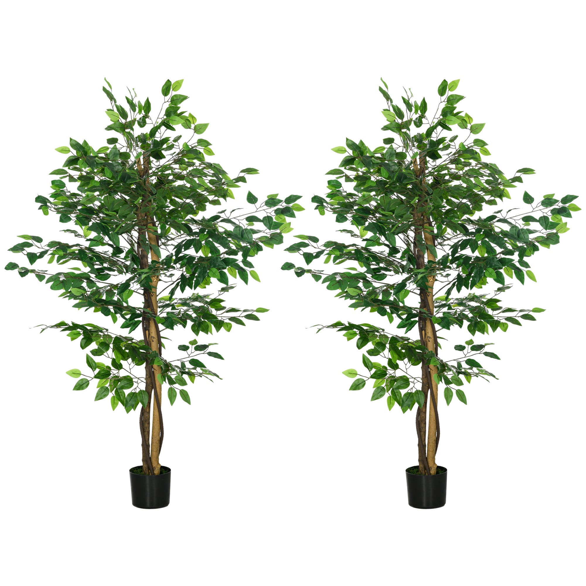 HOMCOM 5ft Set of 2 Artificial Ficus Tree with Pot, Indoor Outdoor Fake Plants for Home Office Living Room Decor