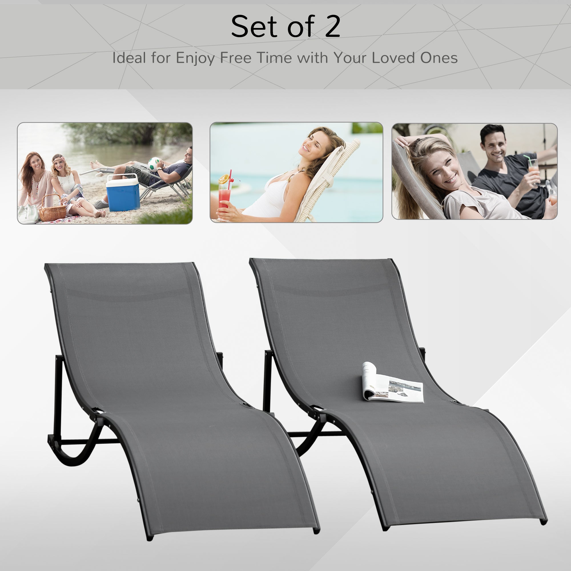 Outsunny Pool Chaise Lounge Chairs Set of 2, S-shaped Foldable Outdoor Chaise Lounge Chair Reclining for Patio Beach Garden With 264lbs Weight Capacity, Dark Grey