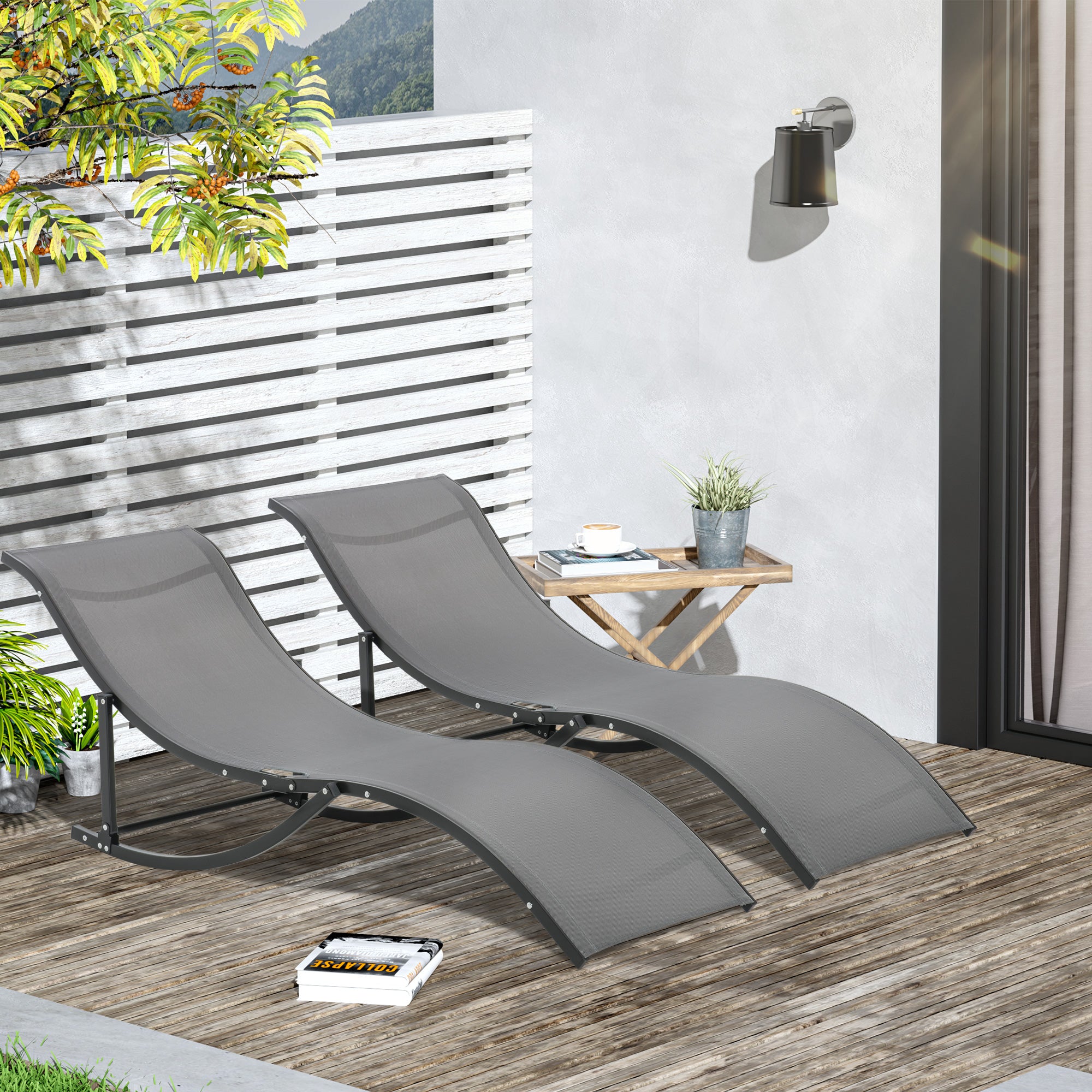 Outsunny Pool Chaise Lounge Chairs Set of 2, S-shaped Foldable Outdoor Chaise Lounge Chair Reclining for Patio Beach Garden With 264lbs Weight Capacity, Dark Grey