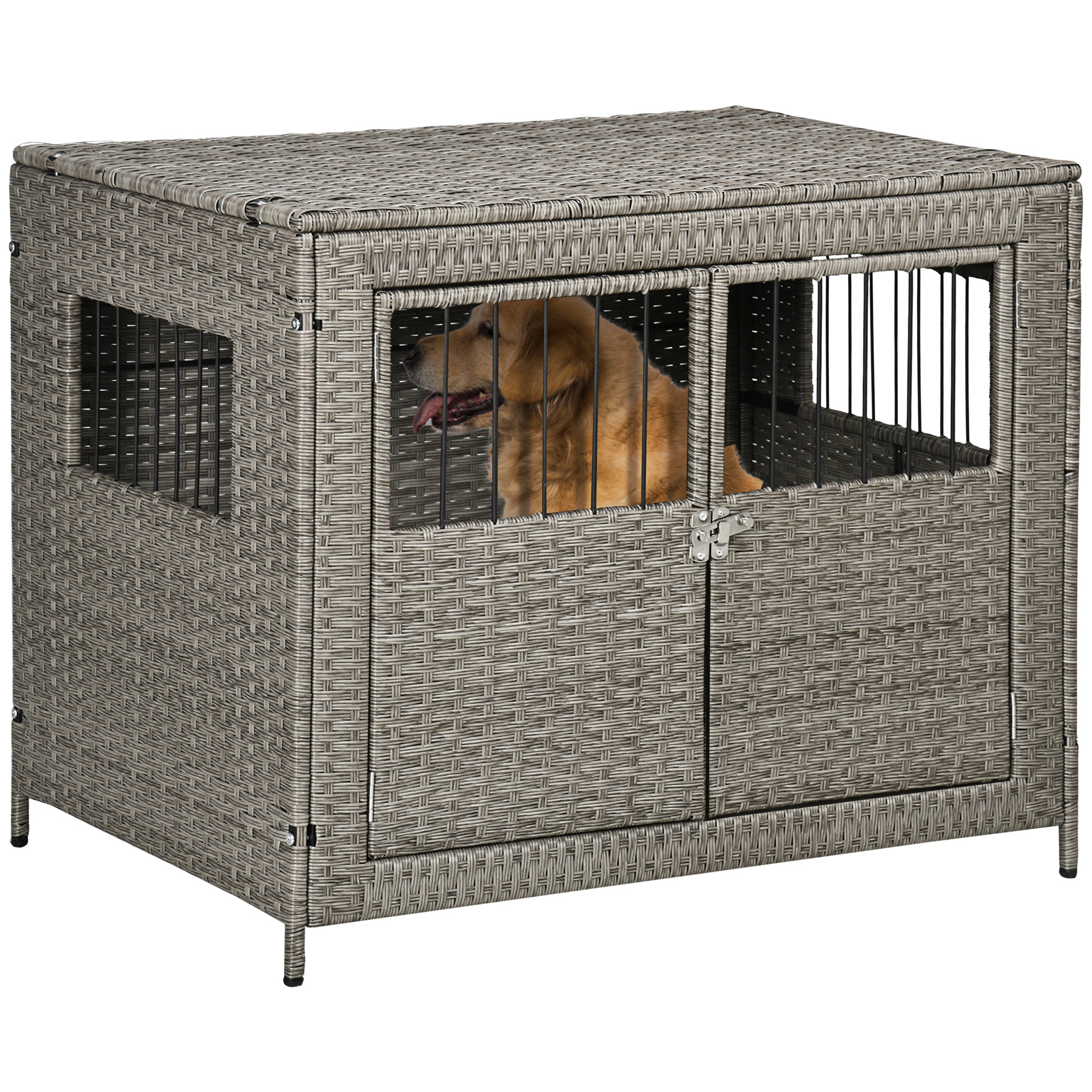 PawHut Rattan Dog Crate with Double Doors, Wicker Dog Cage with Soft Washable Cushion, Dog Kennel Furniture Outdoor Indoor for Medium to Large Sized Dogs, Gray