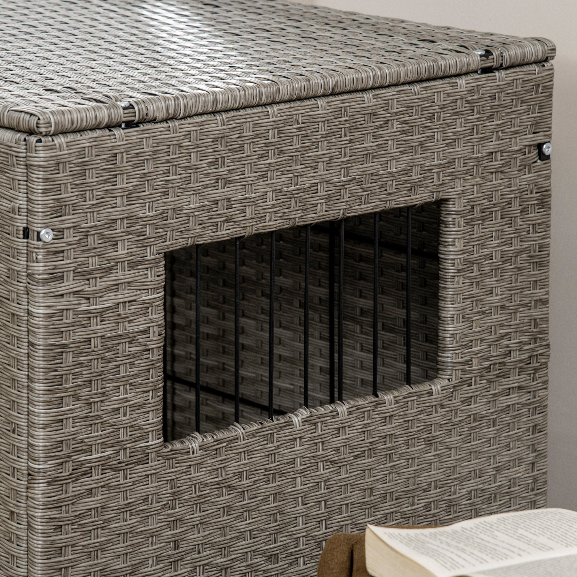PawHut Rattan Dog Crate with Double Doors, Wicker Dog Cage with Soft Washable Cushion, Dog Kennel Furniture Outdoor Indoor for Medium to Large Sized Dogs, Gray