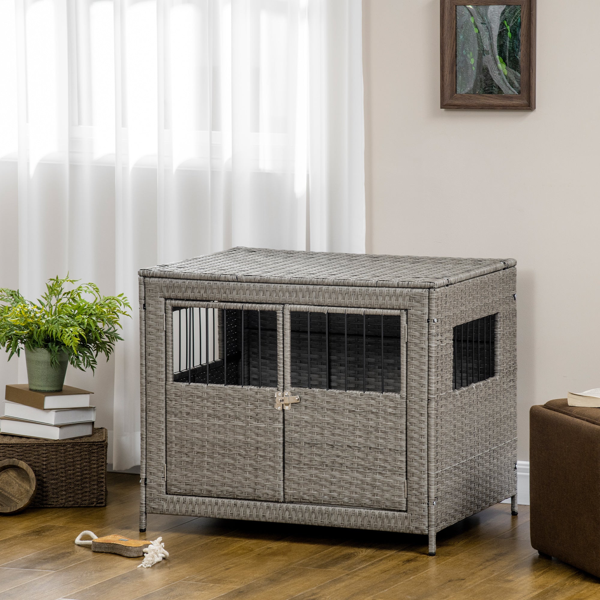 PawHut Rattan Dog Crate with Double Doors, Wicker Dog Cage with Soft Washable Cushion, Dog Kennel Furniture Outdoor Indoor for Medium to Large Sized Dogs, Gray