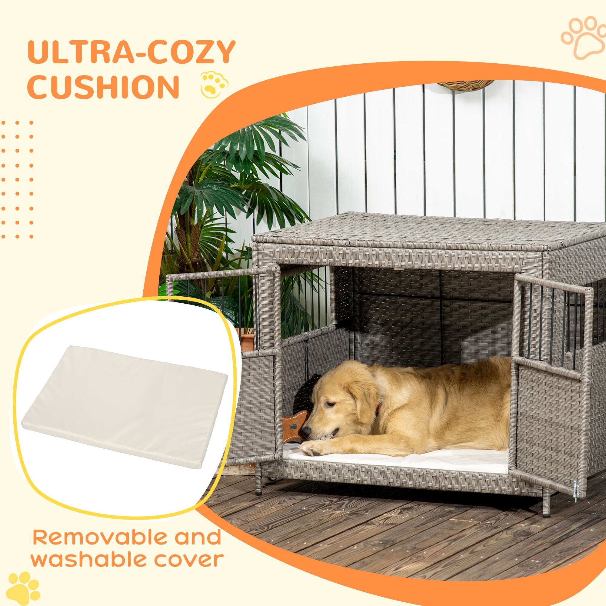 PawHut Rattan Dog Crate with Double Doors, Wicker Dog Cage with Soft Washable Cushion, Dog Kennel Furniture Outdoor Indoor for Medium to Large Sized Dogs, Gray