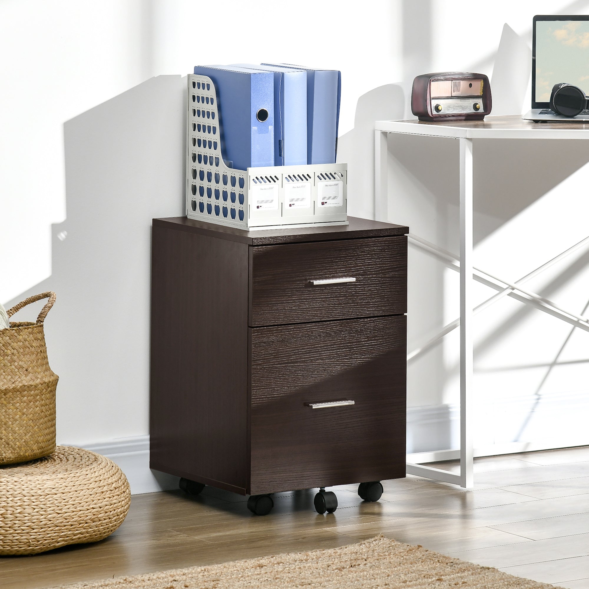 Vinsetto Vertical Filing Cabinet with Wheels, 2-Drawer Mobile File Cabinet, Office Storage Cabinet for Letter or A4 File, Study Home Office, Brown
