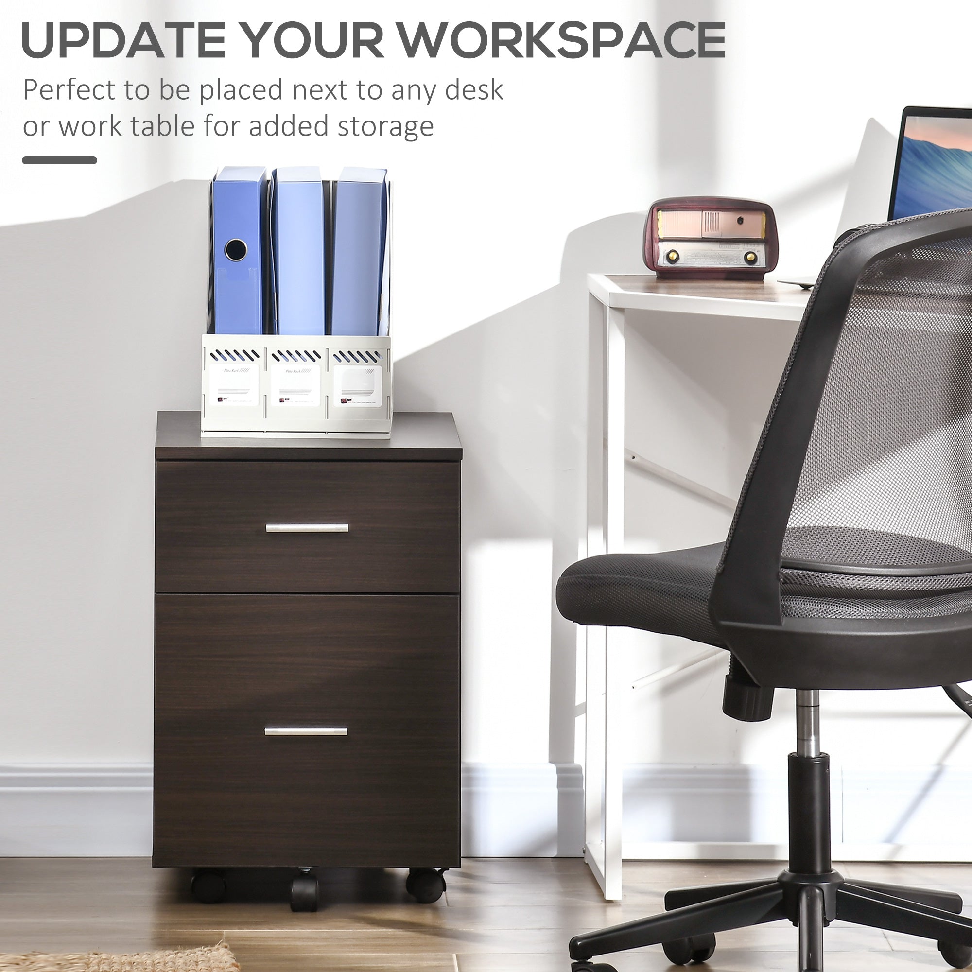 Vinsetto Vertical Filing Cabinet with Wheels, 2-Drawer Mobile File Cabinet, Office Storage Cabinet for Letter or A4 File, Study Home Office, Brown