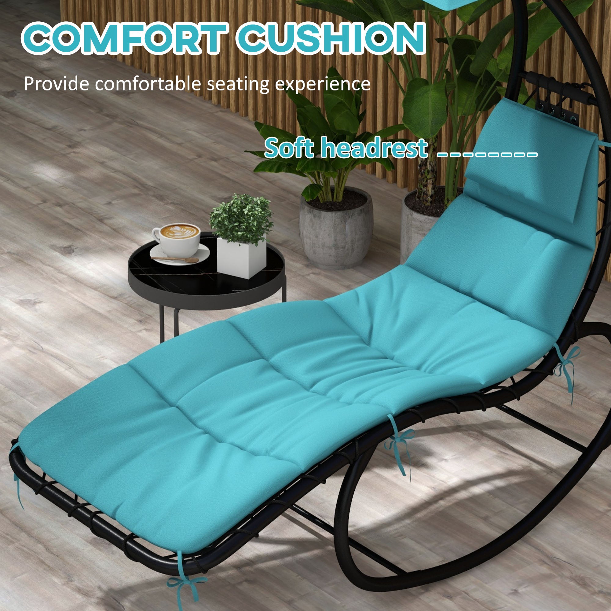 Outsunny Outdoor Patio Tanning Chair with Rocking Function, Chaise Lounge Chair with Sunshade Roof, Patio Sun Lounger with Cushion, Pillows, Turquoise