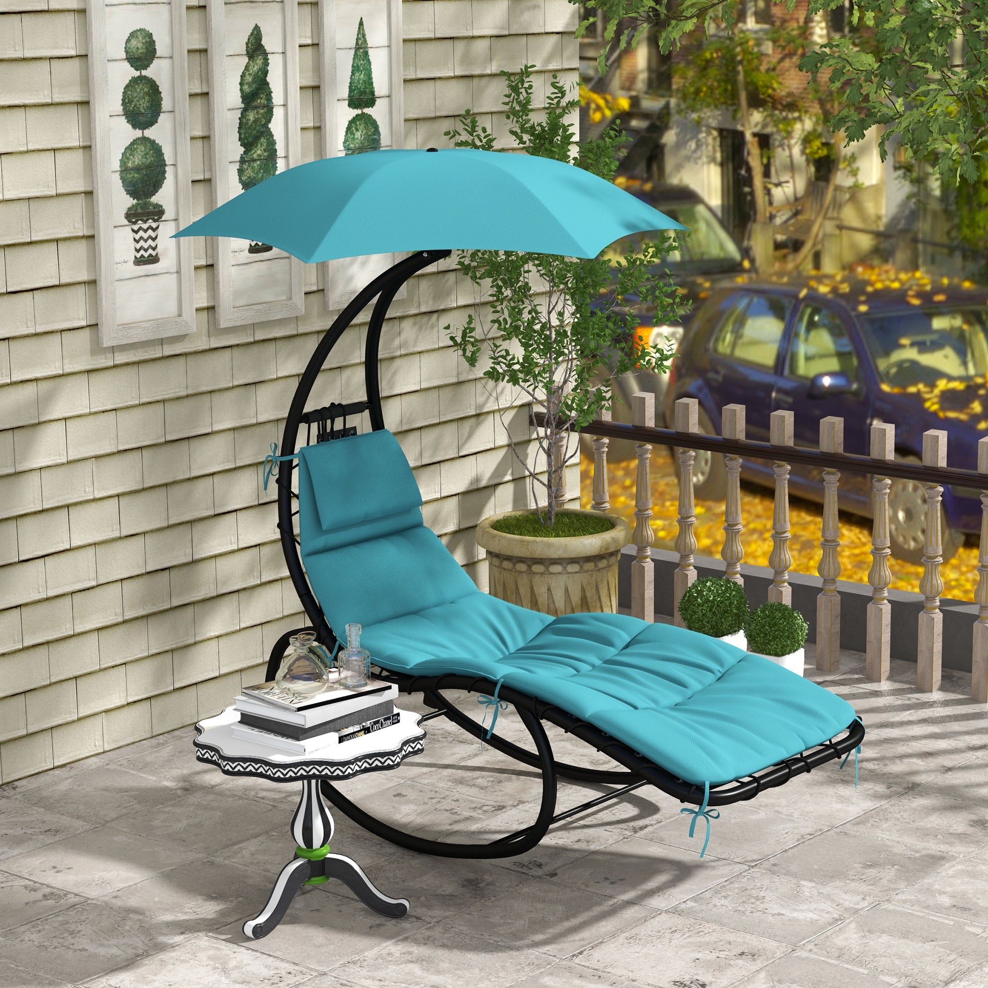 Outsunny Outdoor Patio Tanning Chair with Rocking Function, Chaise Lounge Chair with Sunshade Roof, Patio Sun Lounger with Cushion, Pillows, Turquoise