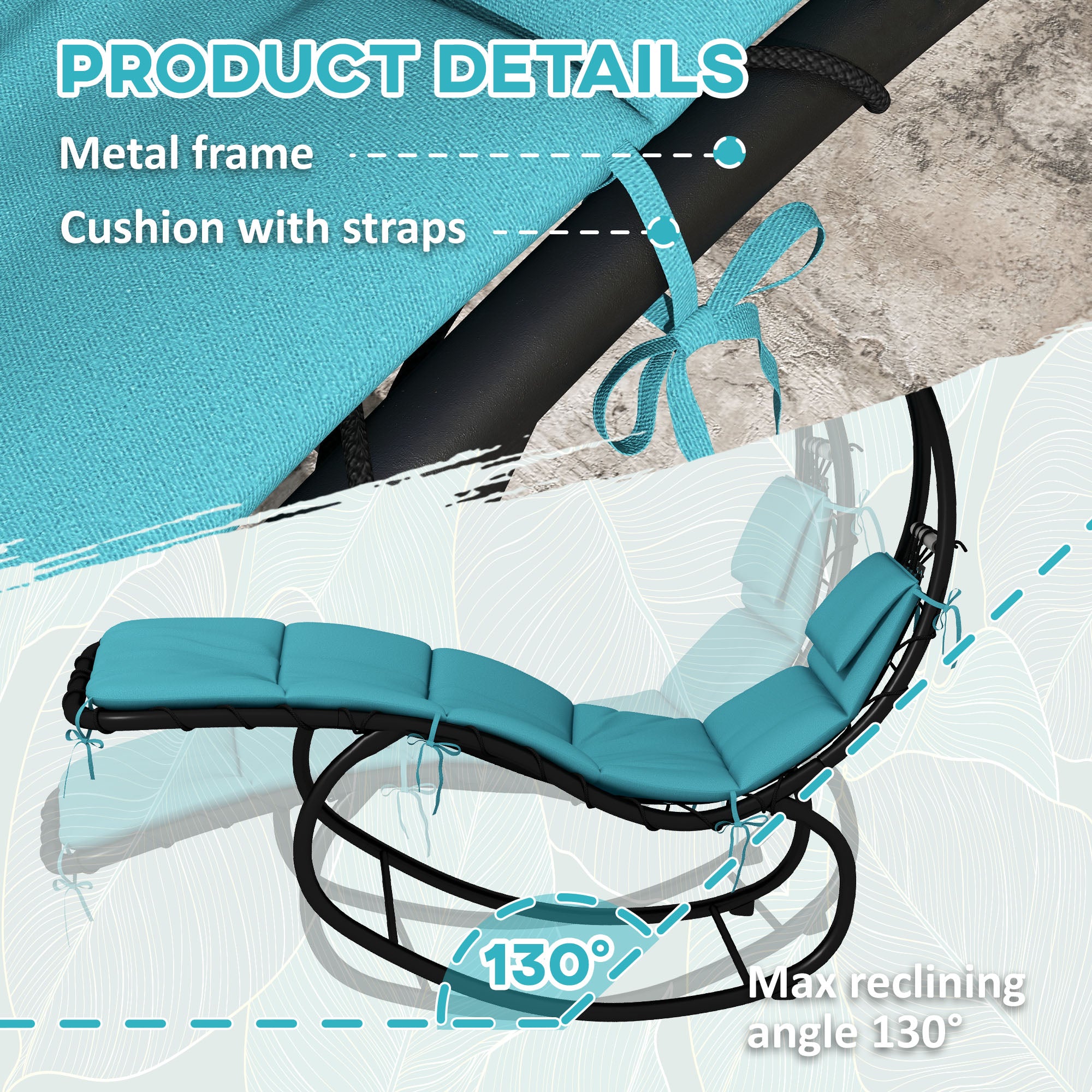 Outsunny Outdoor Patio Tanning Chair with Rocking Function, Chaise Lounge Chair with Sunshade Roof, Patio Sun Lounger with Cushion, Pillows, Turquoise