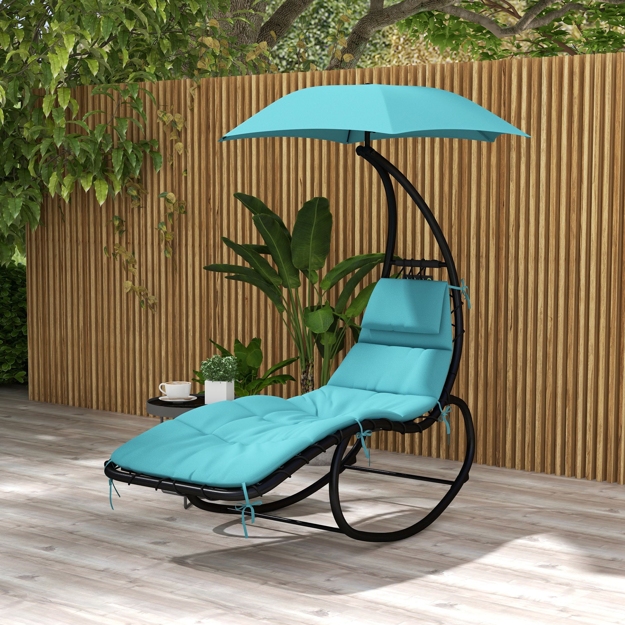 Outsunny Outdoor Patio Tanning Chair with Rocking Function, Chaise Lounge Chair with Sunshade Roof, Patio Sun Lounger with Cushion, Pillows, Turquoise
