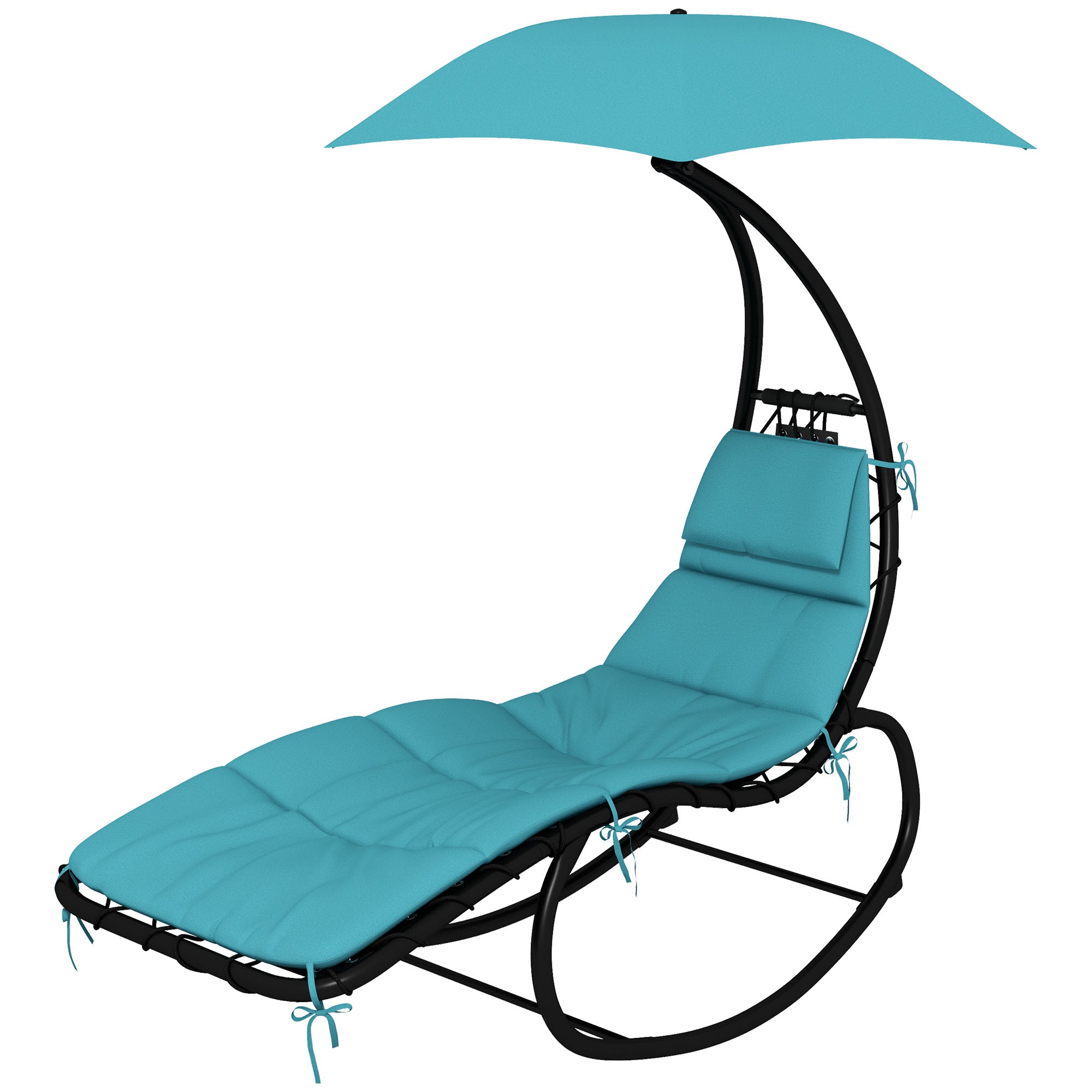 Outsunny Outdoor Patio Tanning Chair with Rocking Function, Chaise Lounge Chair with Sunshade Roof, Patio Sun Lounger with Cushion, Pillows, Turquoise