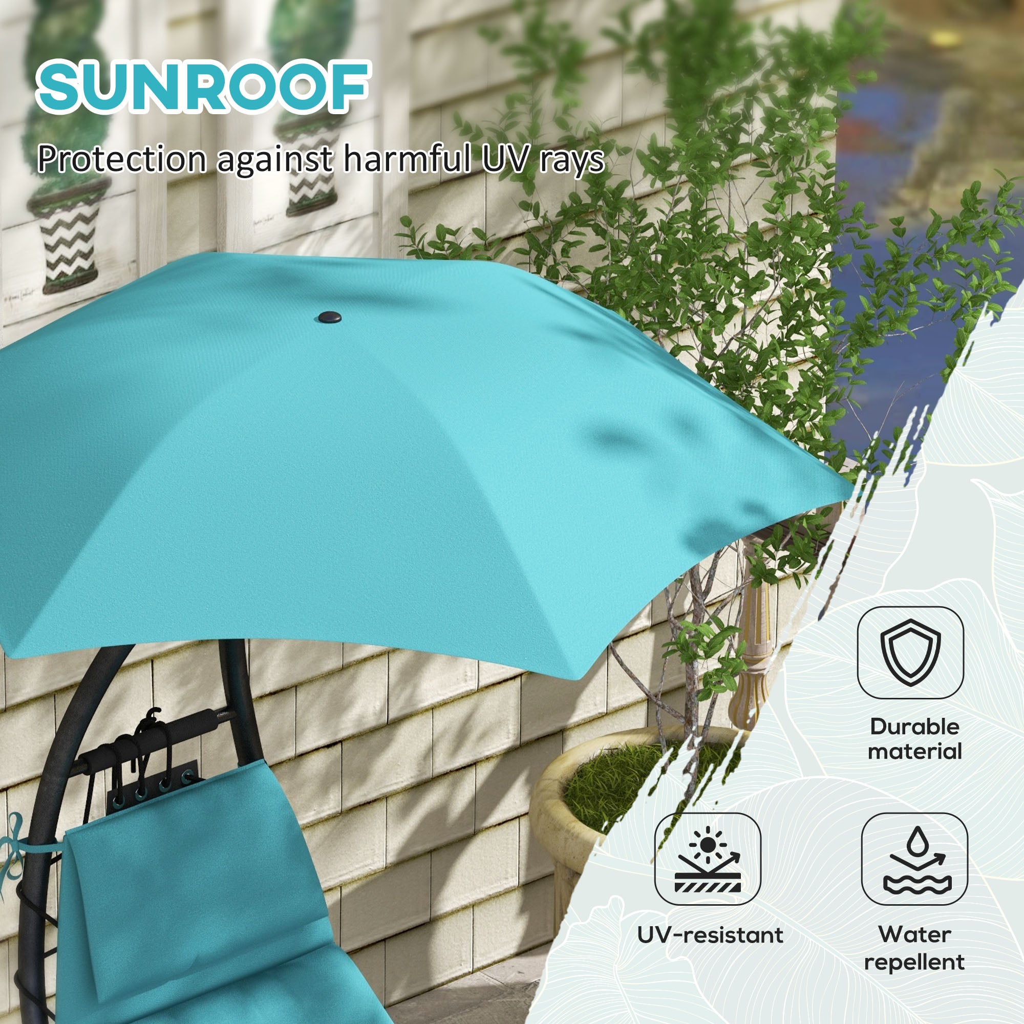 Outsunny Outdoor Patio Tanning Chair with Rocking Function, Chaise Lounge Chair with Sunshade Roof, Patio Sun Lounger with Cushion, Pillows, Turquoise