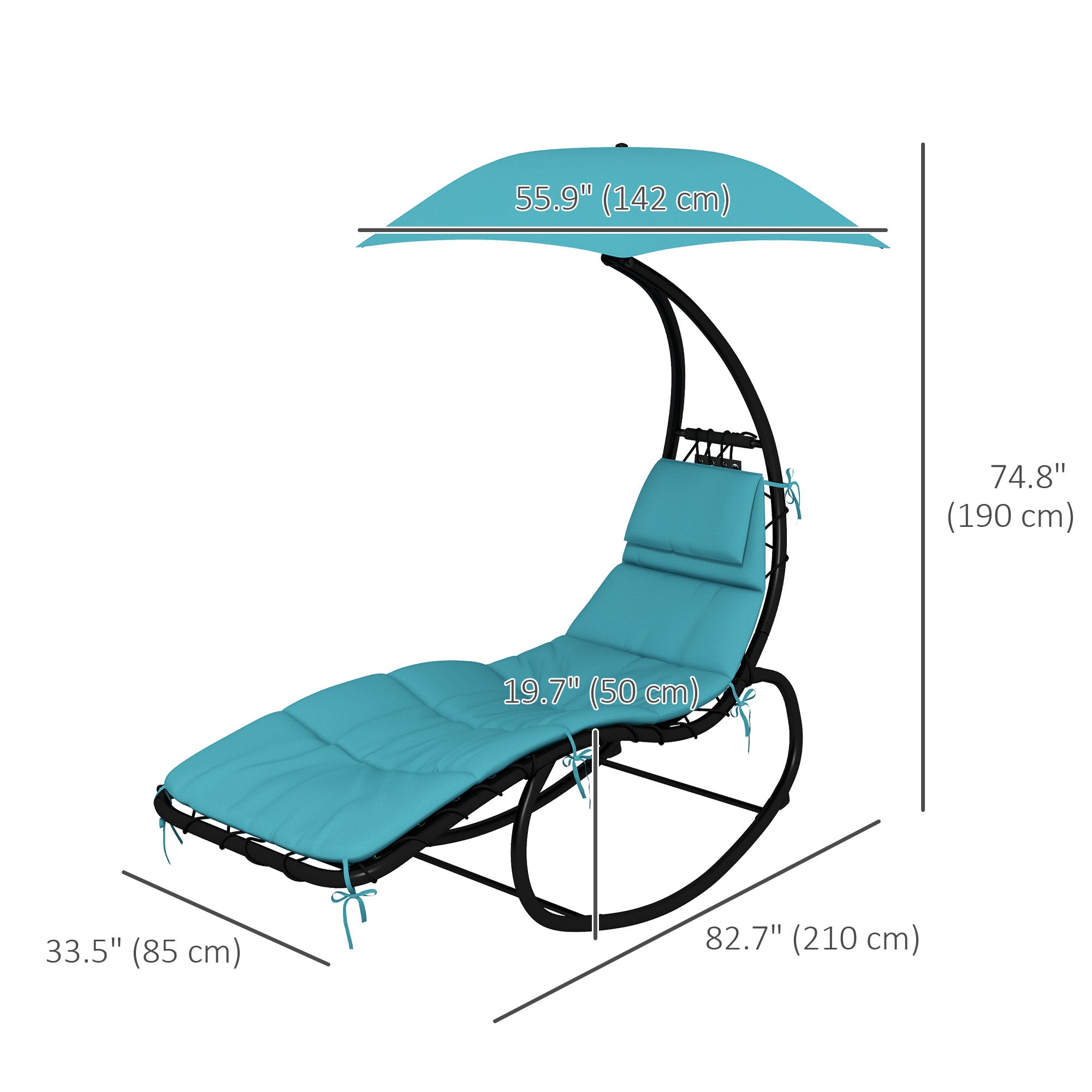 Outsunny Outdoor Patio Tanning Chair with Rocking Function, Chaise Lounge Chair with Sunshade Roof, Patio Sun Lounger with Cushion, Pillows, Turquoise